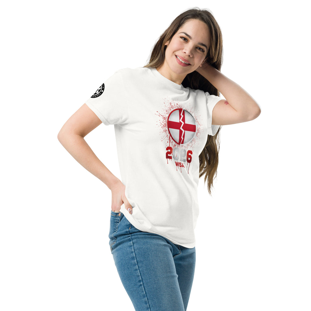 Woman wearing a white t-shirt with a red and white graphic design on a white background