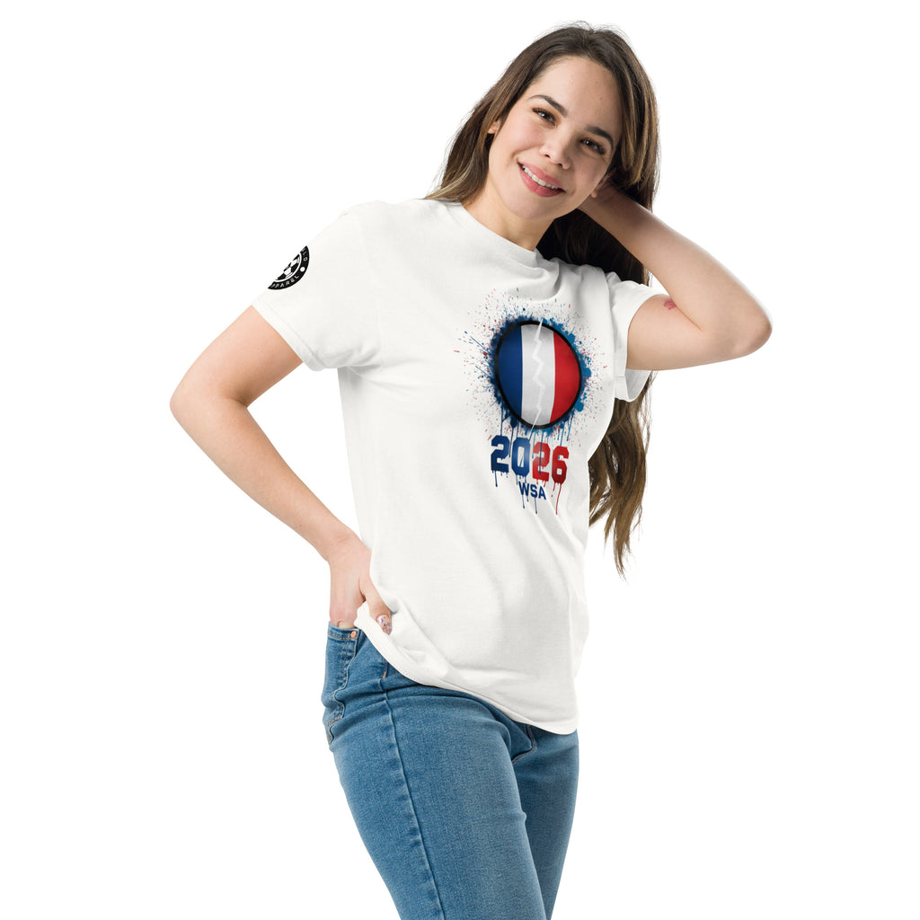 Woman wearing a white t-shirt with a design featuring the number 2026 and text on a white background