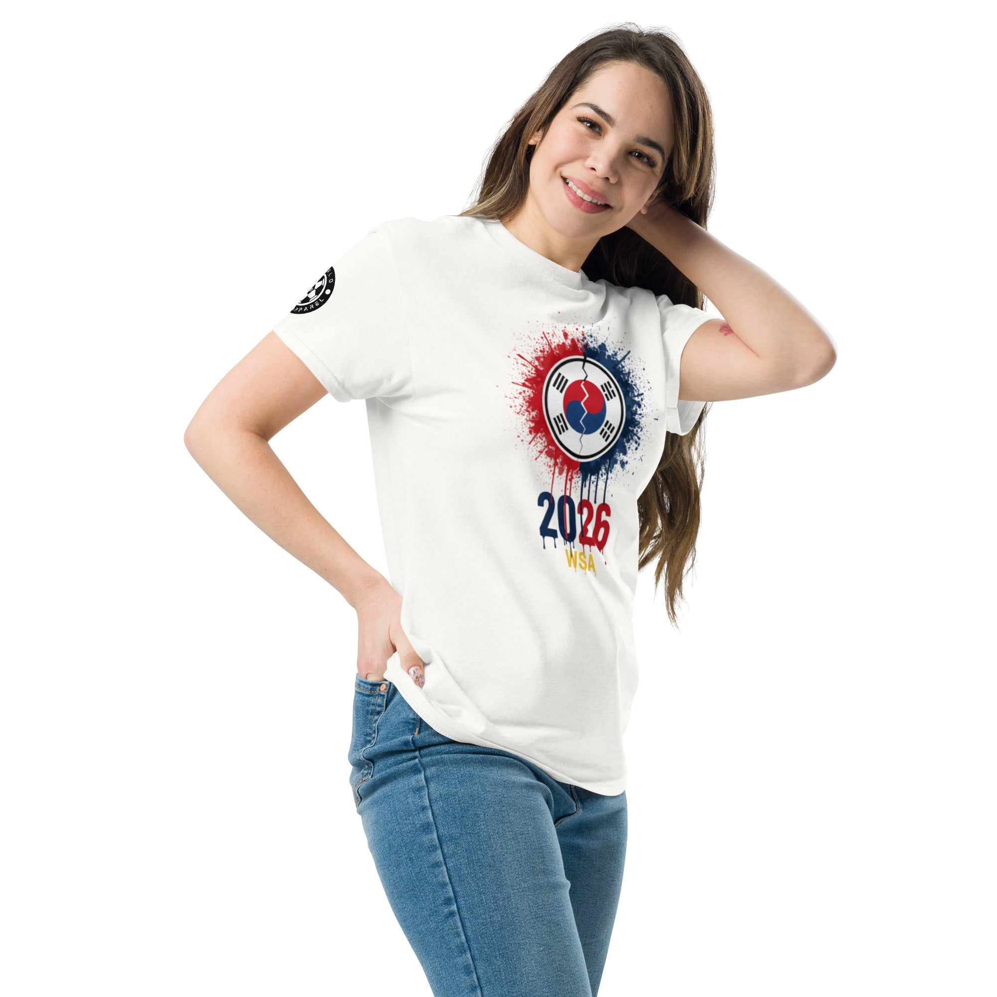 Woman wearing a white t-shirt with a graphic design on a white background