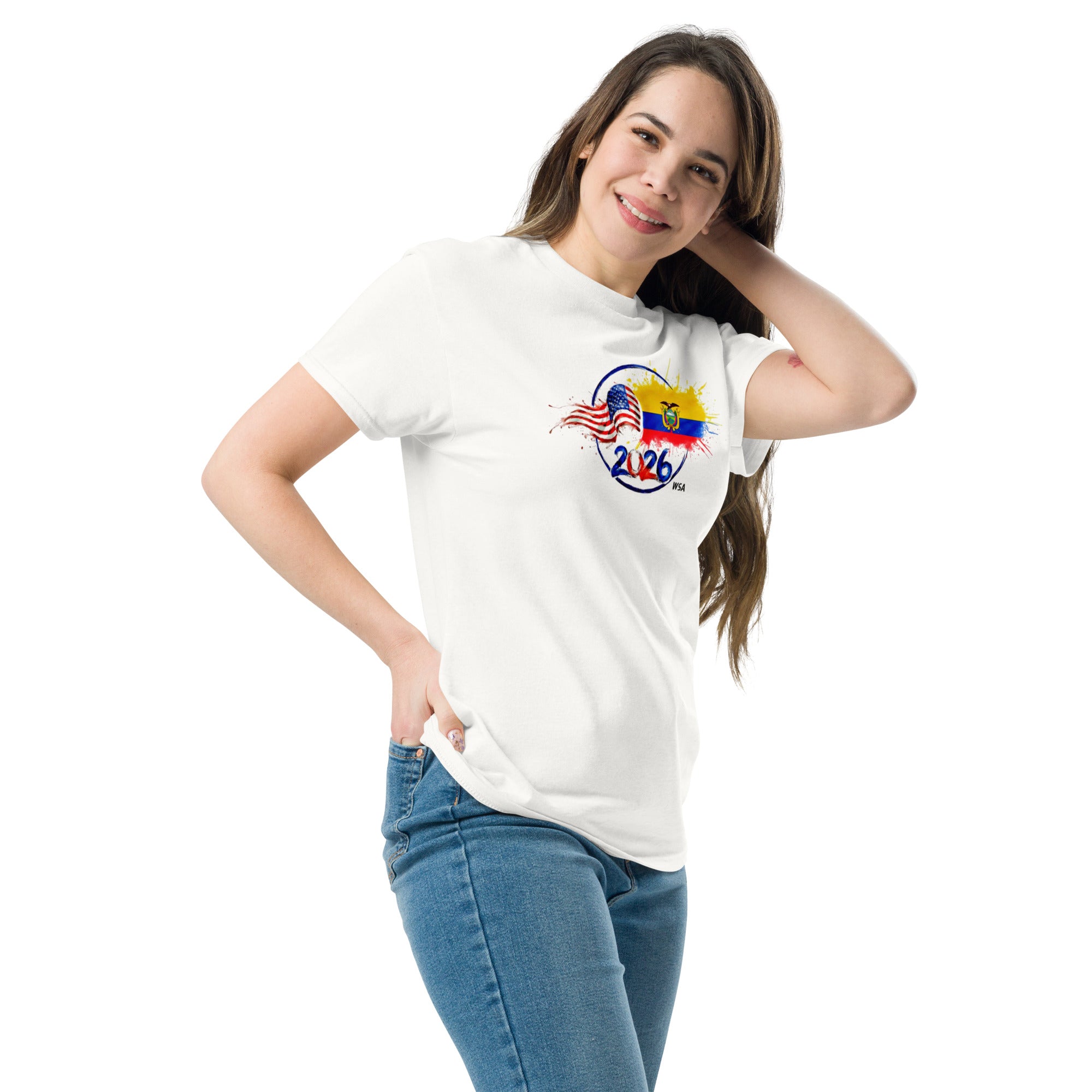 Woman wearing a white t-shirt with a colorful design and '2024' text on a white background