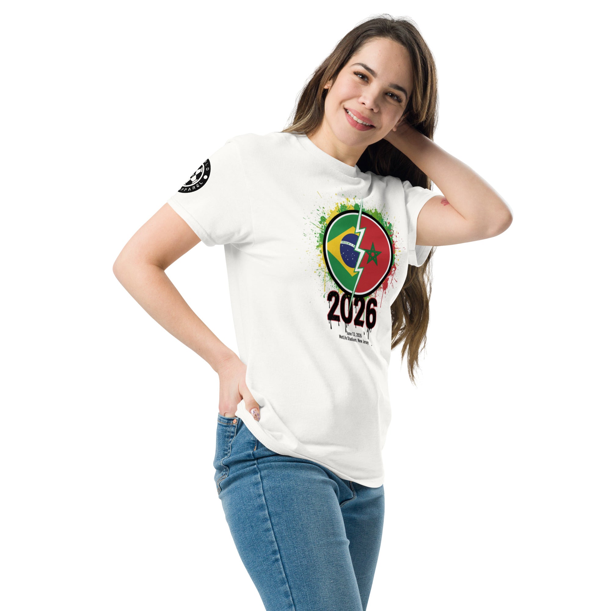 Person wearing a white t-shirt with a colorful design and '2026' text on a white background
