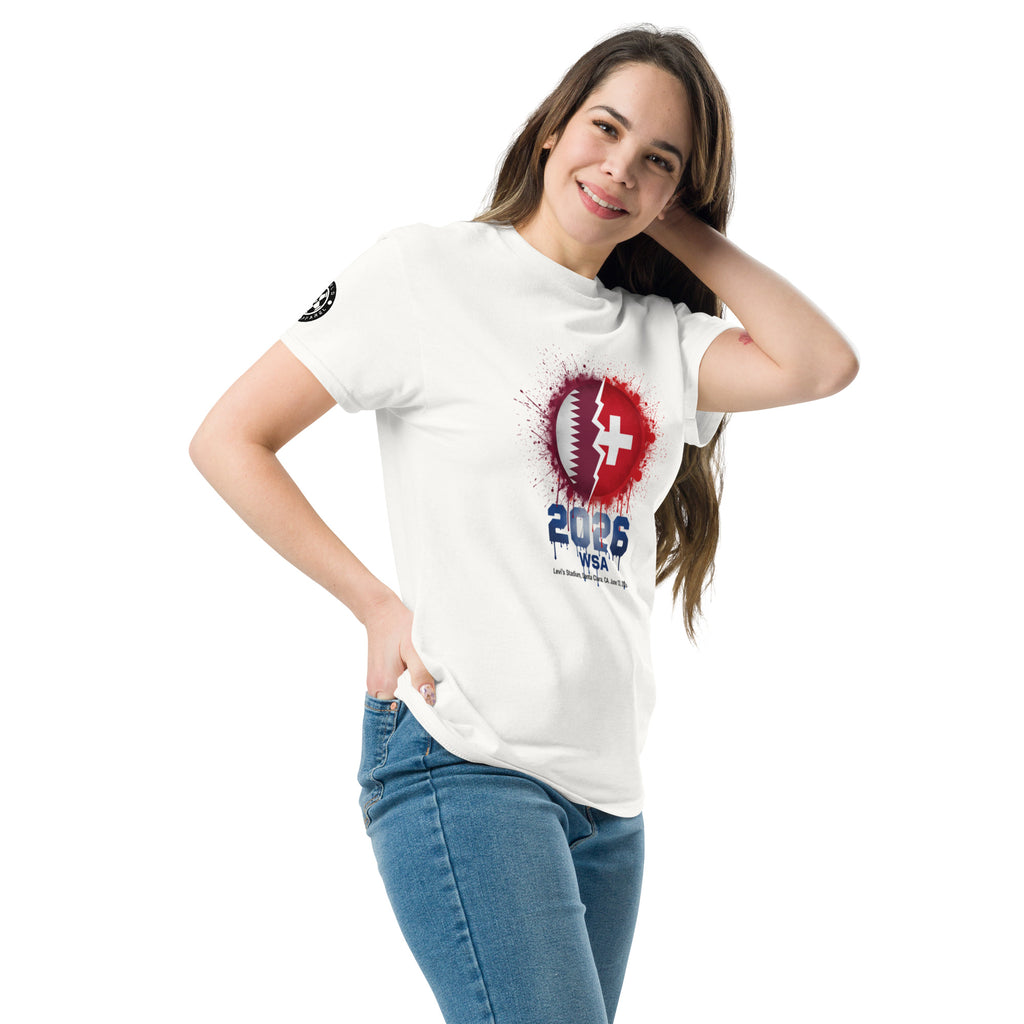 Woman wearing a white t-shirt with a graphic design on a white background