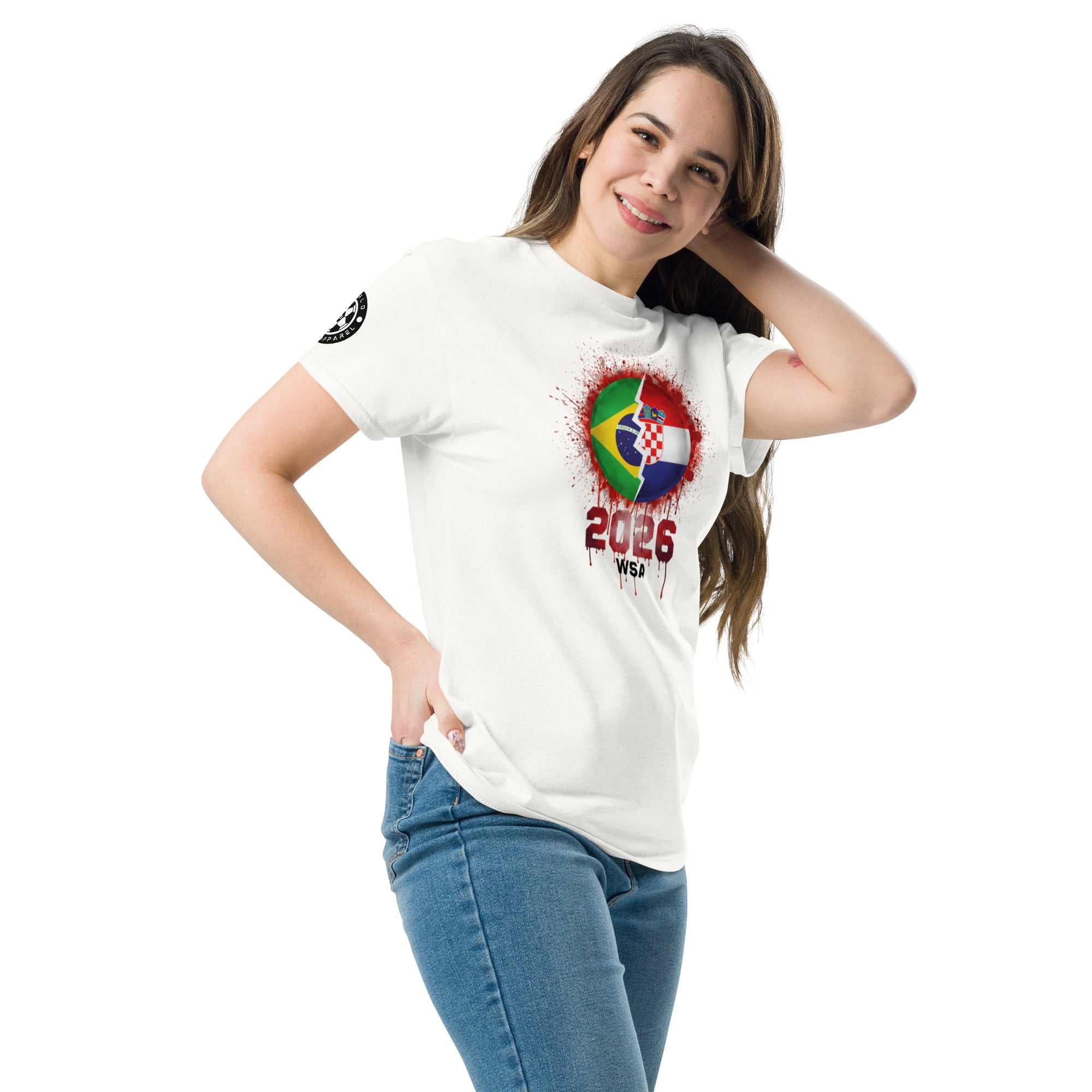 Woman wearing a white t-shirt with a colorful design and '2026' text on a white background