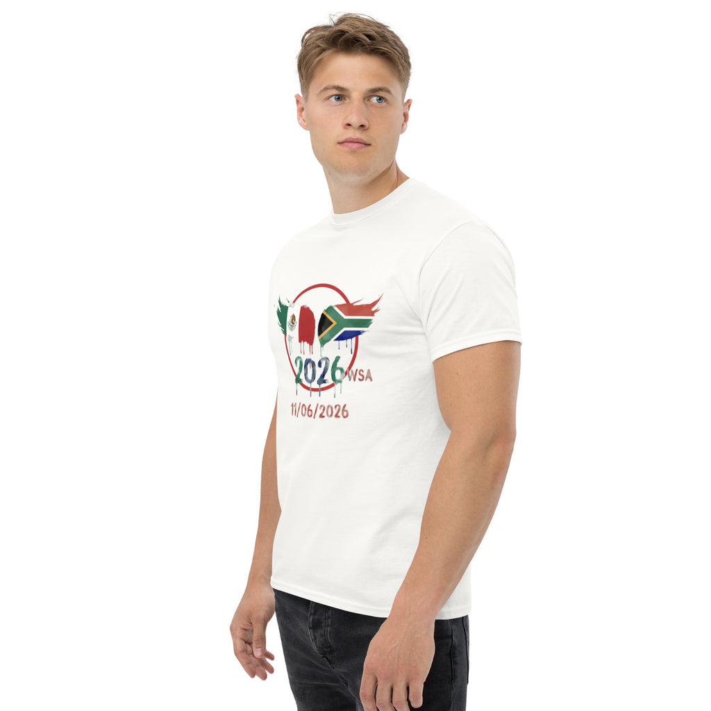 Man wearing a white t-shirt with a colorful graphic design on a white background