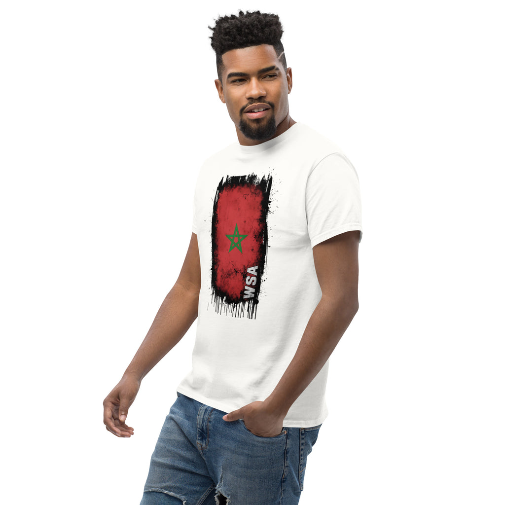 Man wearing a white t-shirt with a red and black graphic design on a white background