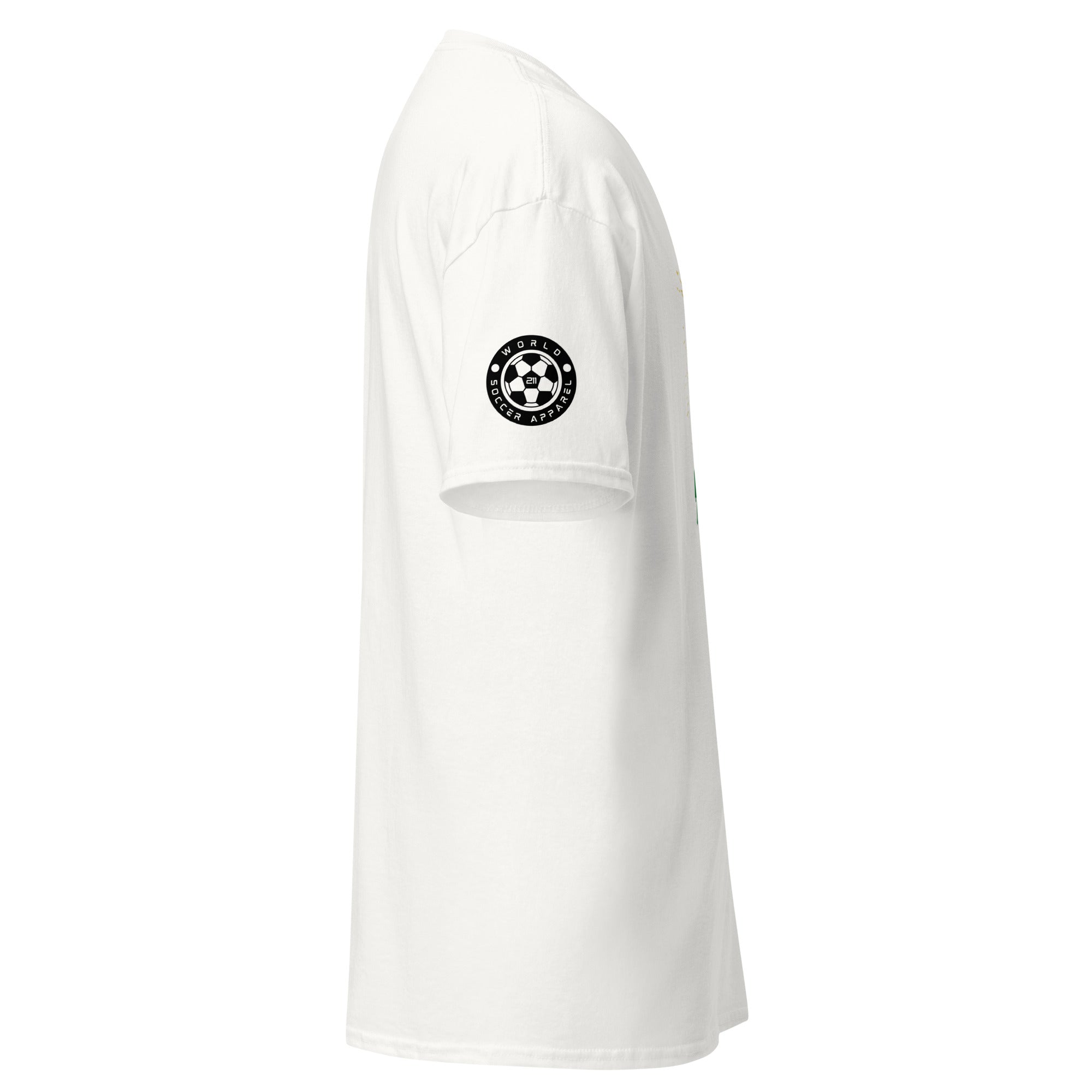 White t-shirt with a logo on the sleeve against a white background