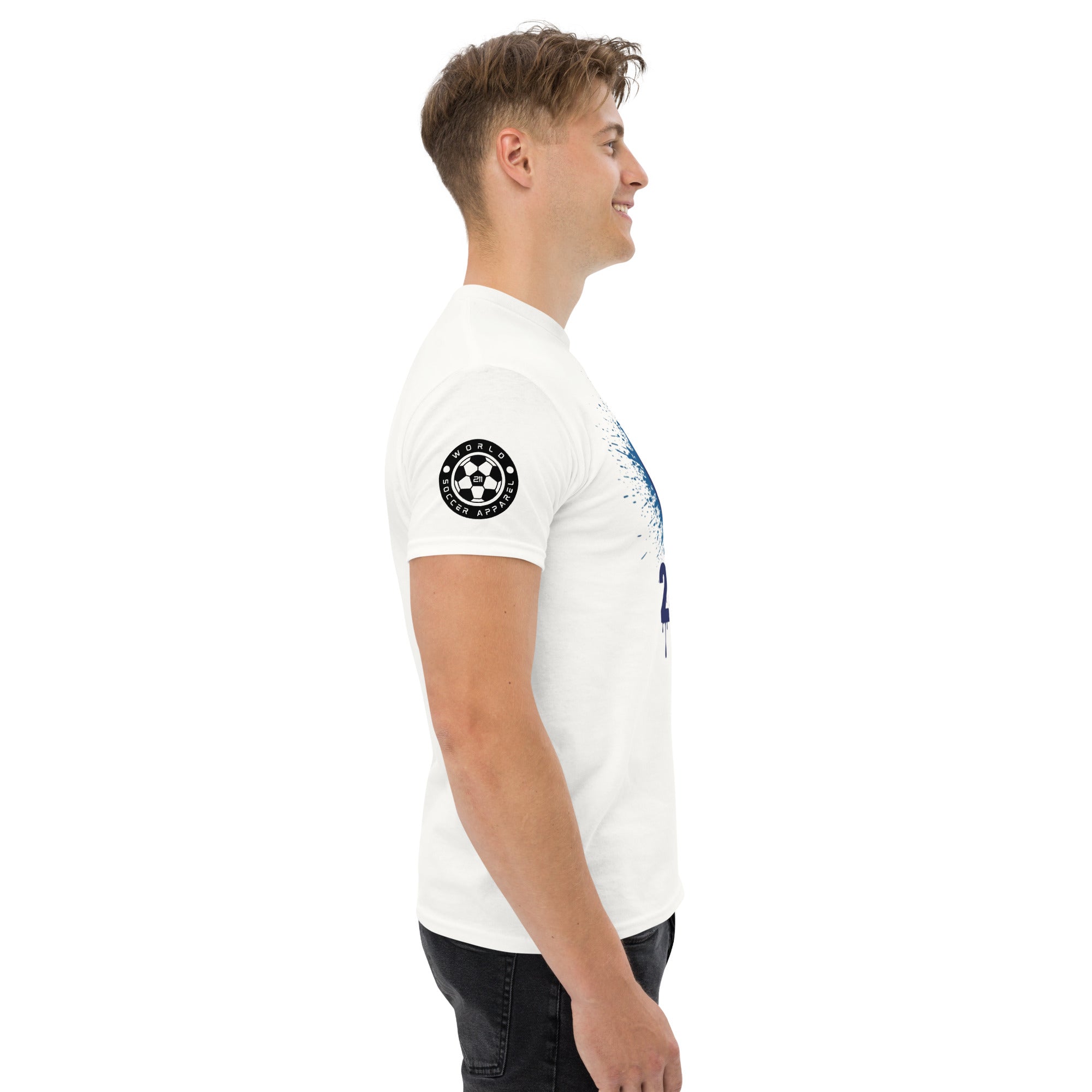 Man wearing a white t-shirt with a logo on the sleeve against a white background
