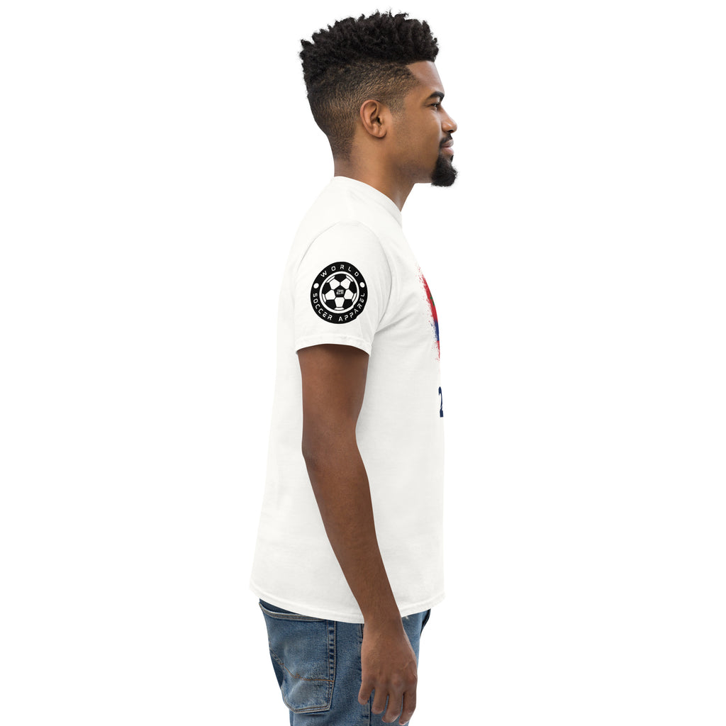 White t-shirt with a logo on the sleeve against a white background