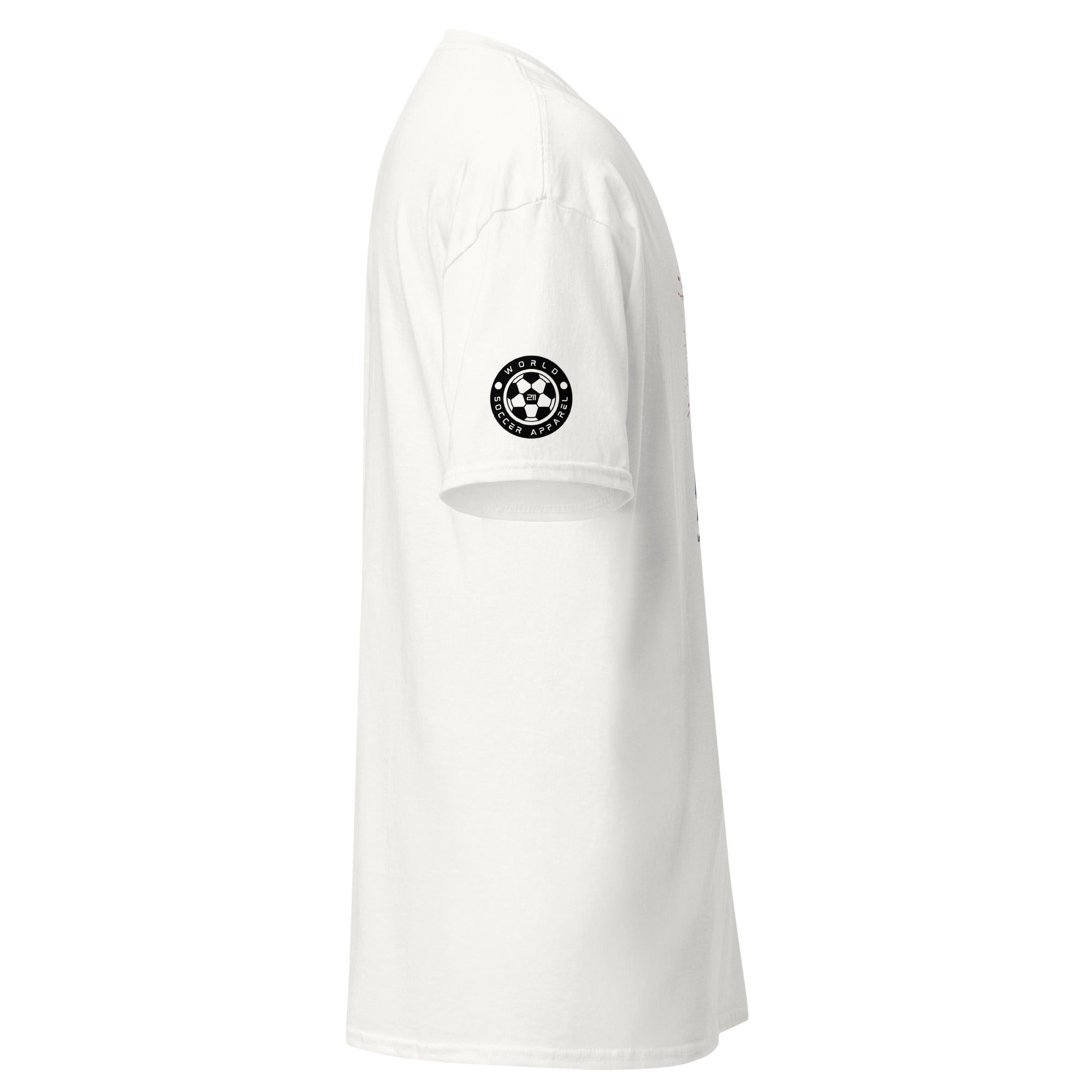 White t-shirt with a black logo on the chest against a white background