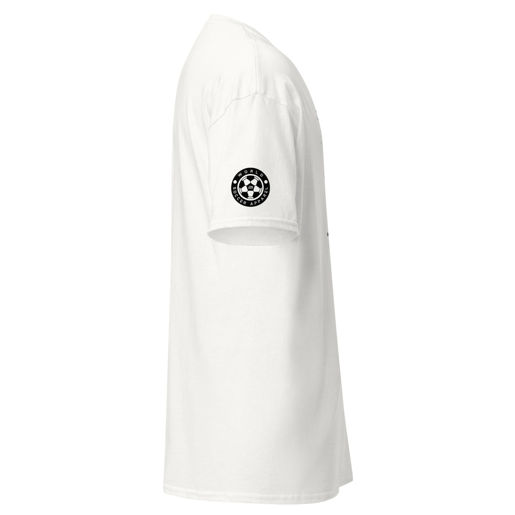 White t-shirt with a black logo on a white background