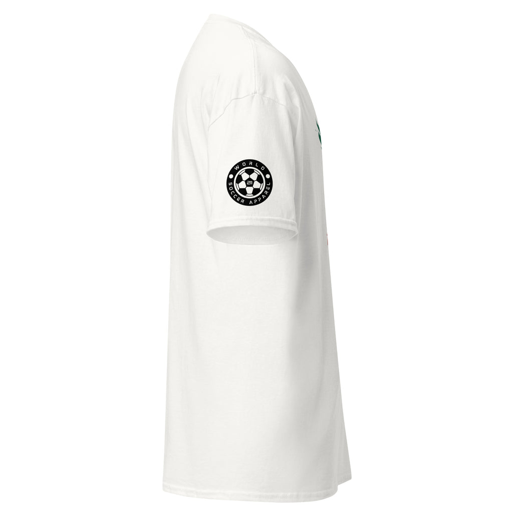 White t-shirt with a black logo on a white background