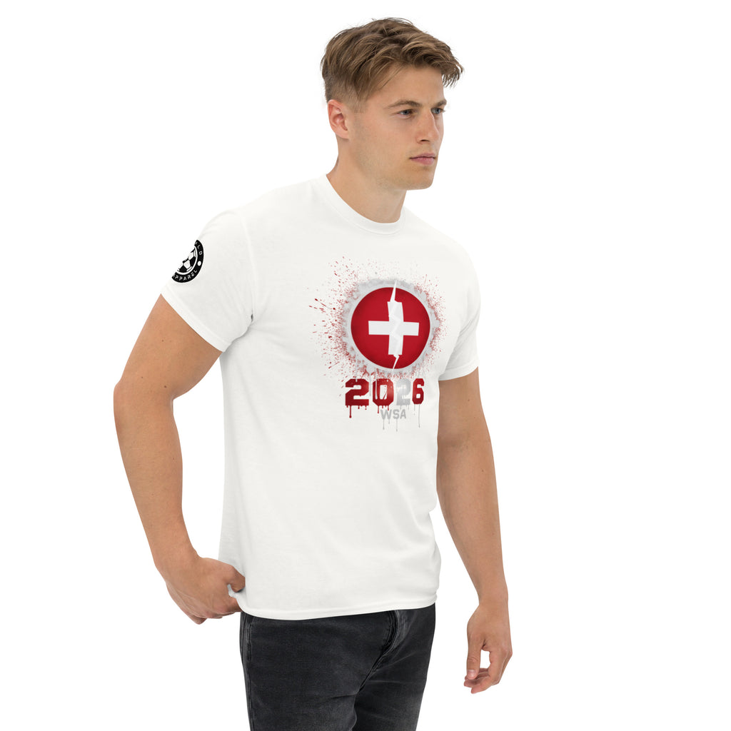Man wearing a white t-shirt with a red and black design on a white background