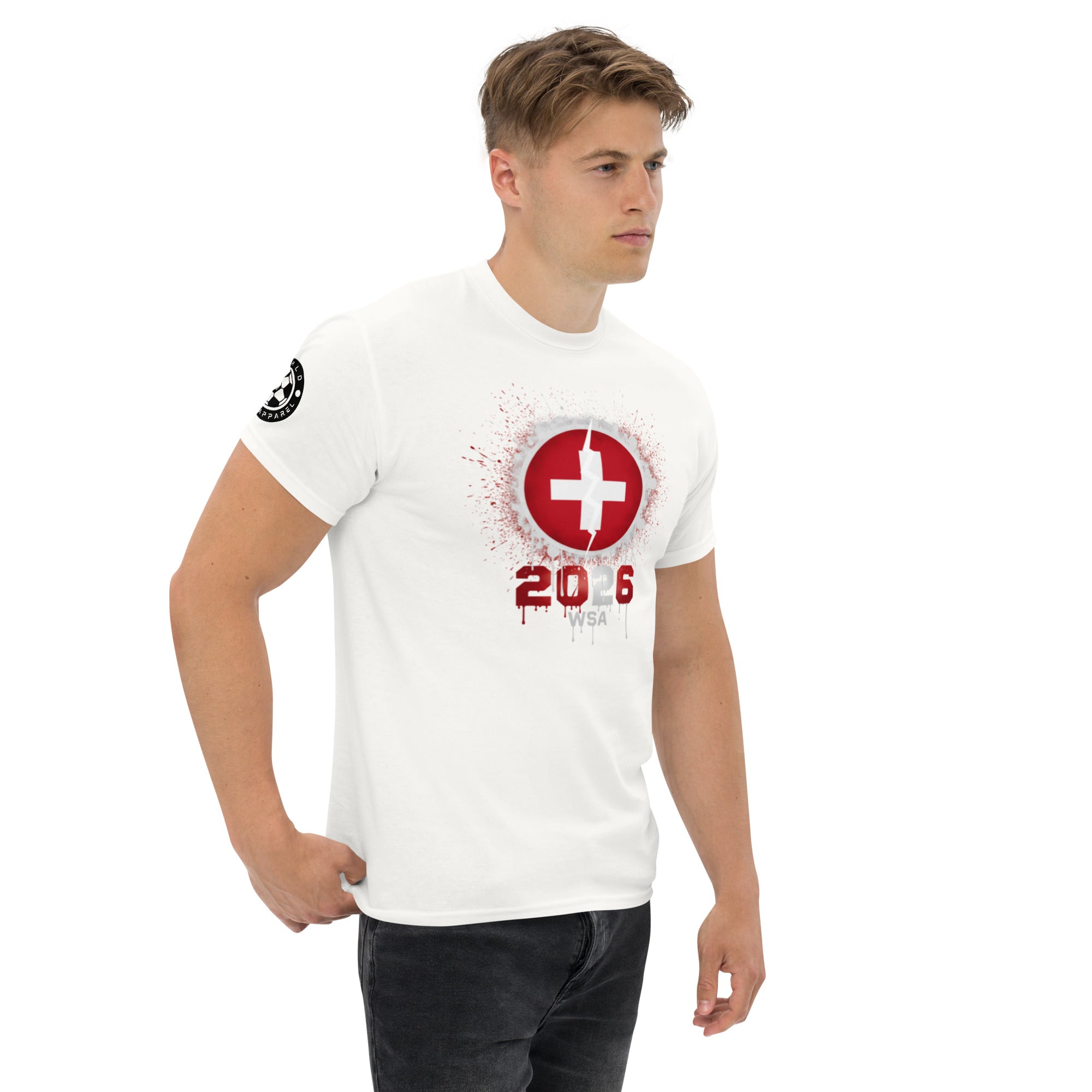 Man wearing a white t-shirt with a red and black design on a white background