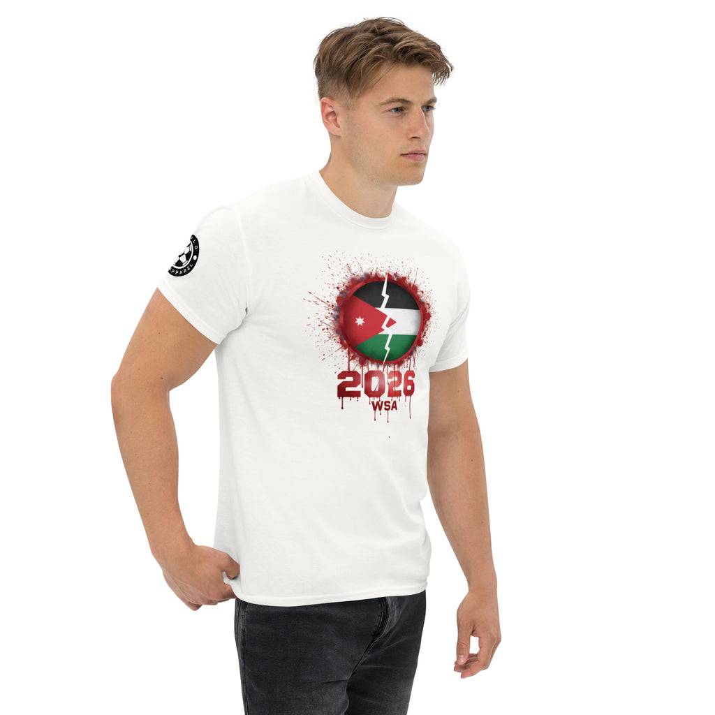 Man wearing a white t-shirt with a graphic design on a white background