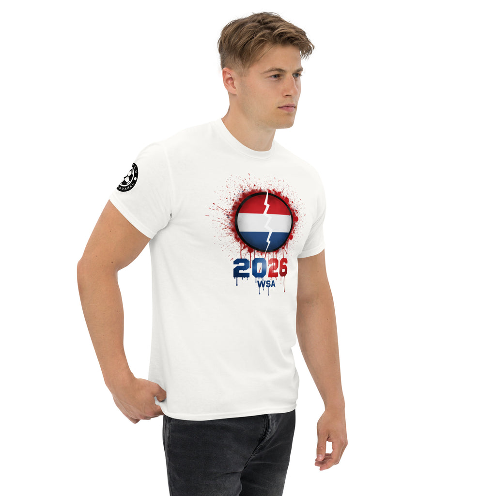 Man wearing a white t-shirt with a graphic design on a white background