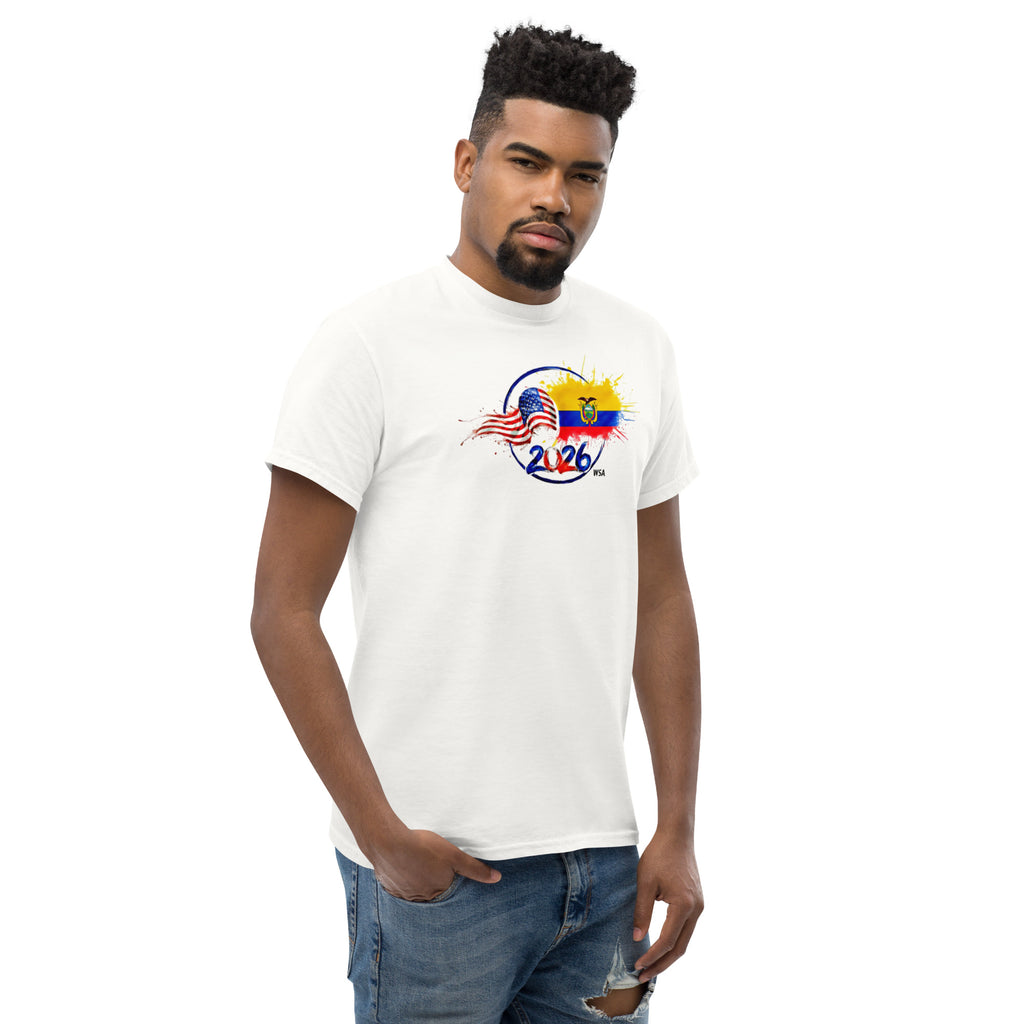 Man wearing a white t-shirt with a colorful graphic design on a white background