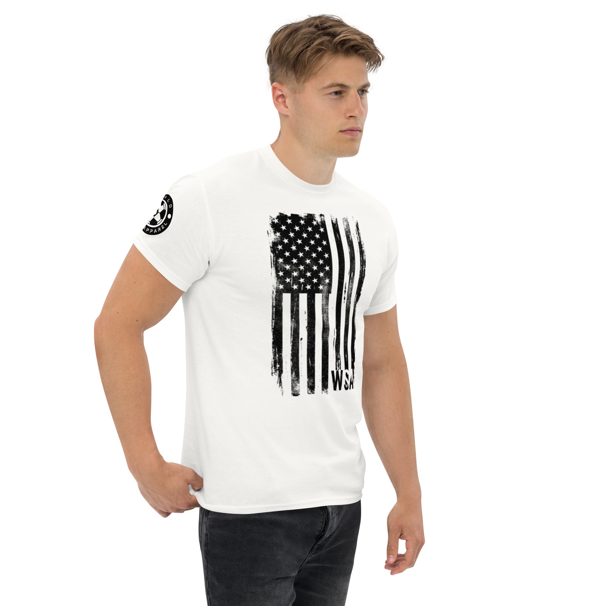 Man wearing a white t-shirt with an American flag design on a white background