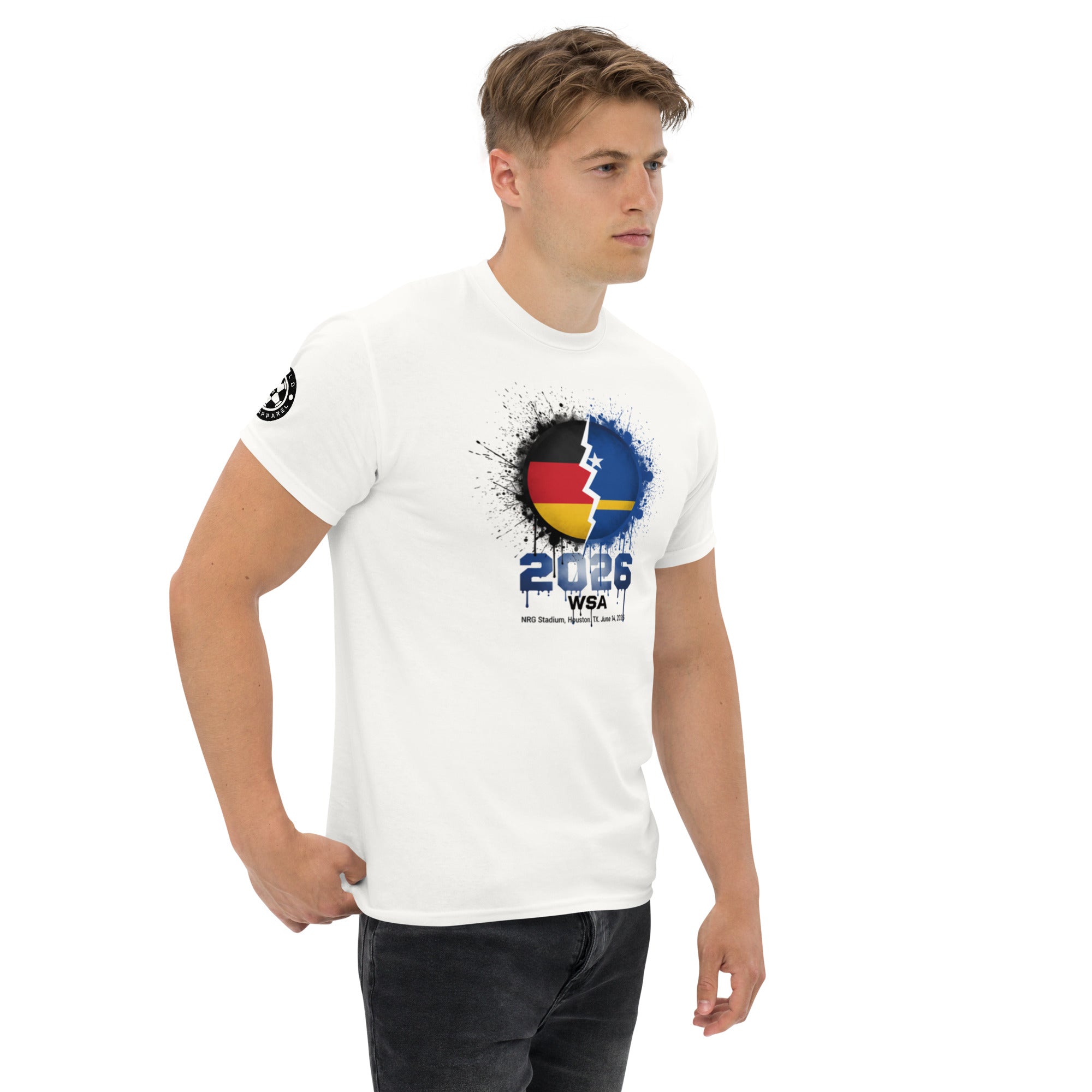 Man wearing a white t-shirt with a colorful design on a white background