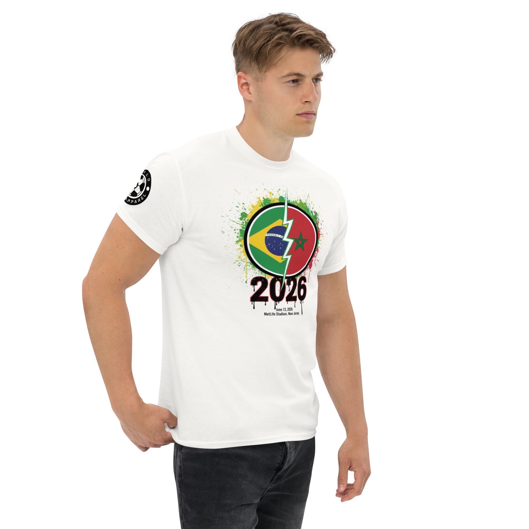 Man wearing a white t-shirt with a colorful design and '2026' text on a white background
