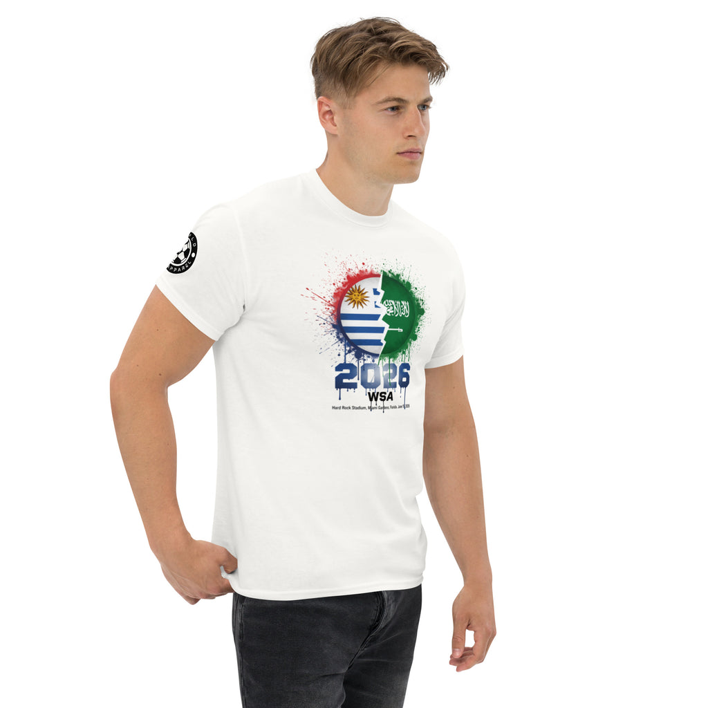 Man wearing a white t-shirt with colorful graphics and text on a white background