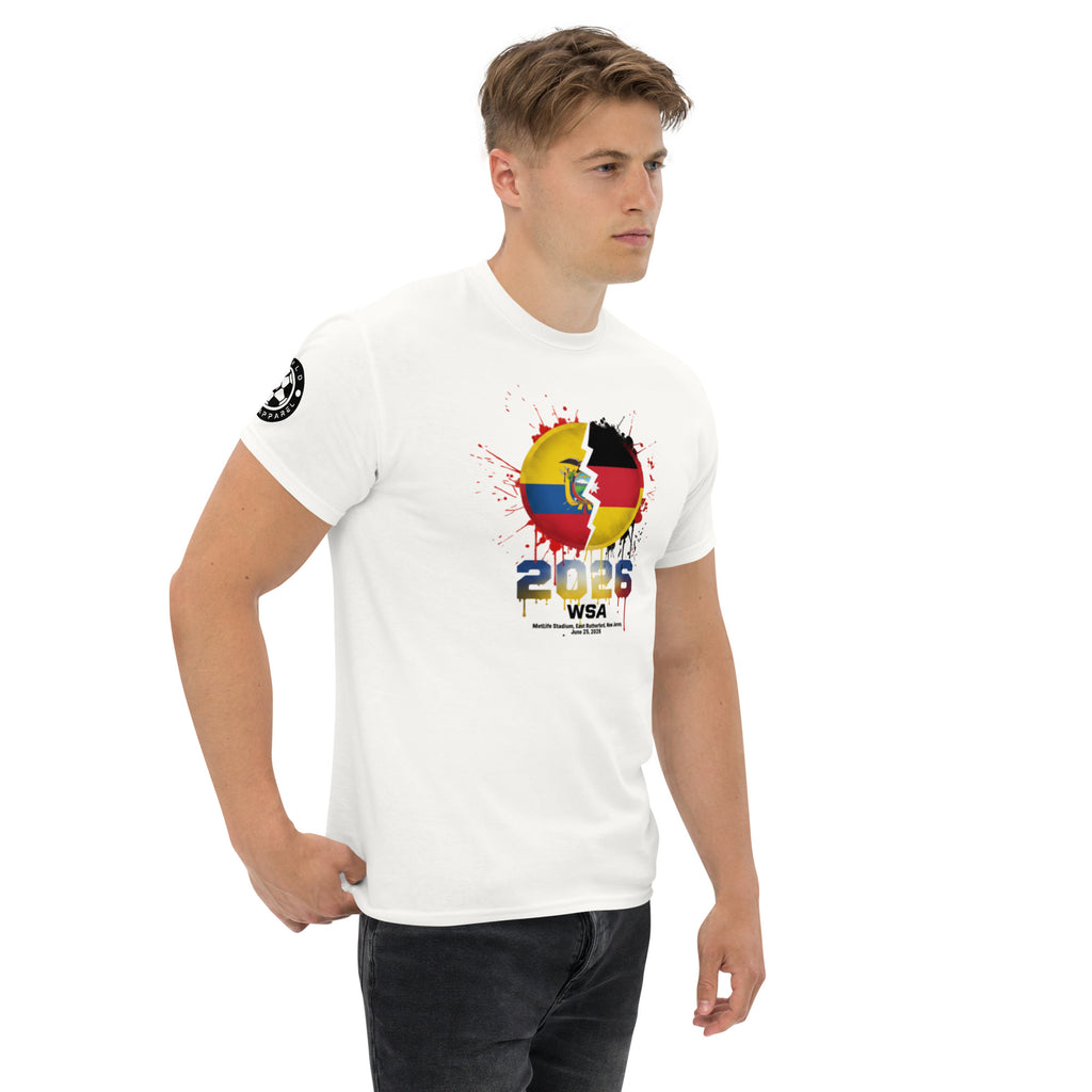 Man wearing a white t-shirt with a colorful design and text on a white background