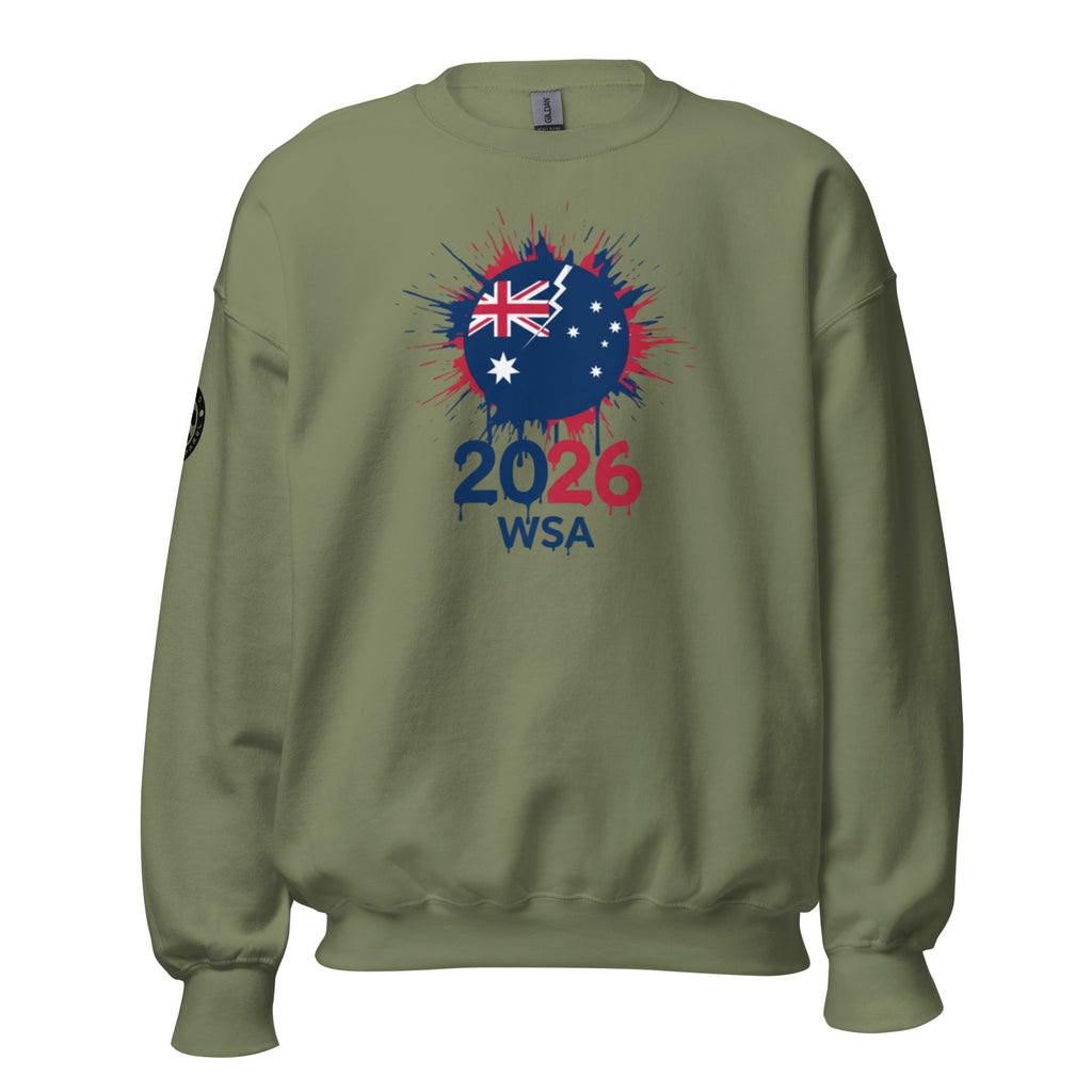 Green sweatshirt with Australian flag design and text on a white background