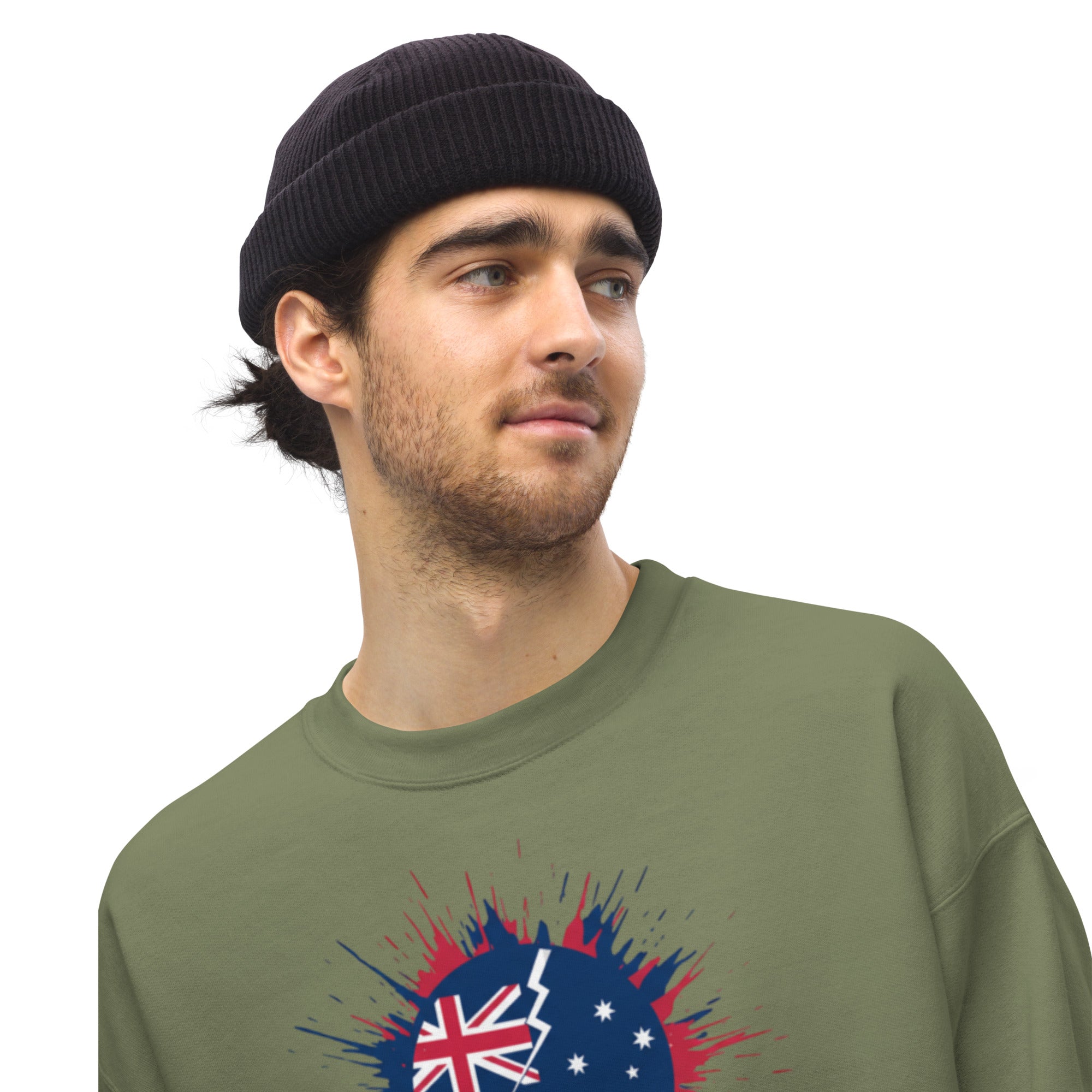 Man wearing a green sweatshirt with an Australian flag design on a white background