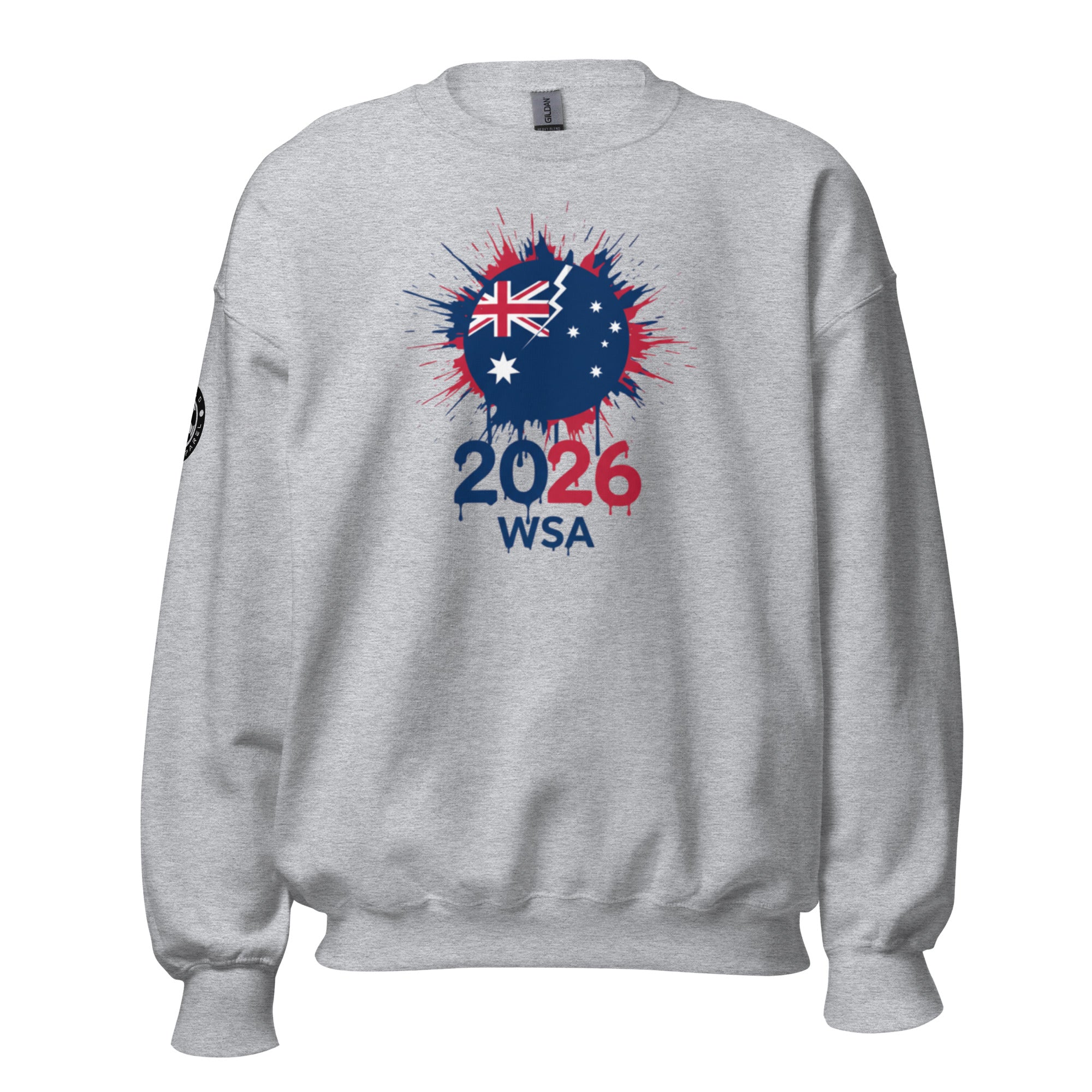 Gray sweatshirt with Australian flag design and '2026 WSA' text on a white background