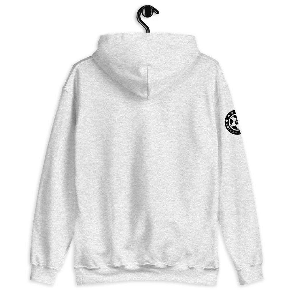 White hoodie with a logo on the sleeve, hanging against a white background