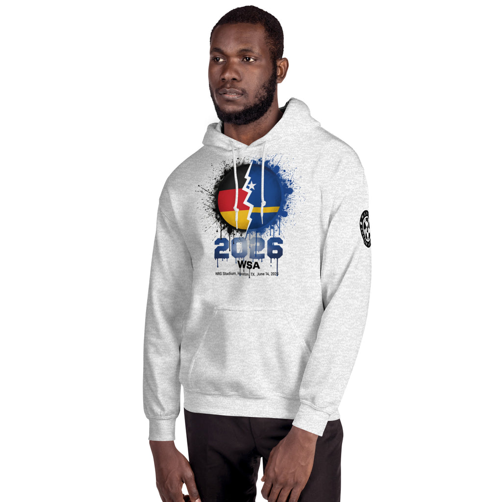 Man wearing a white hoodie with a colorful design and text on a white background