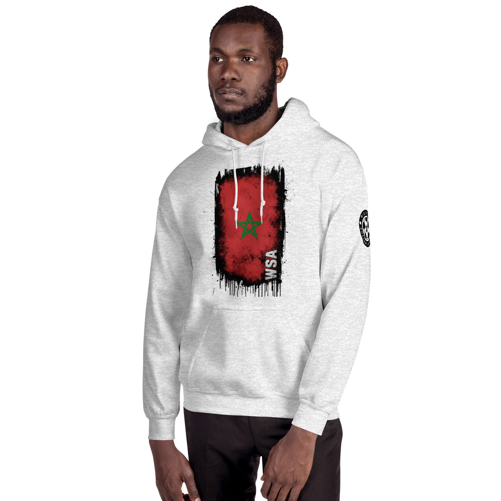 Man wearing a white hoodie with a flag design on a white background