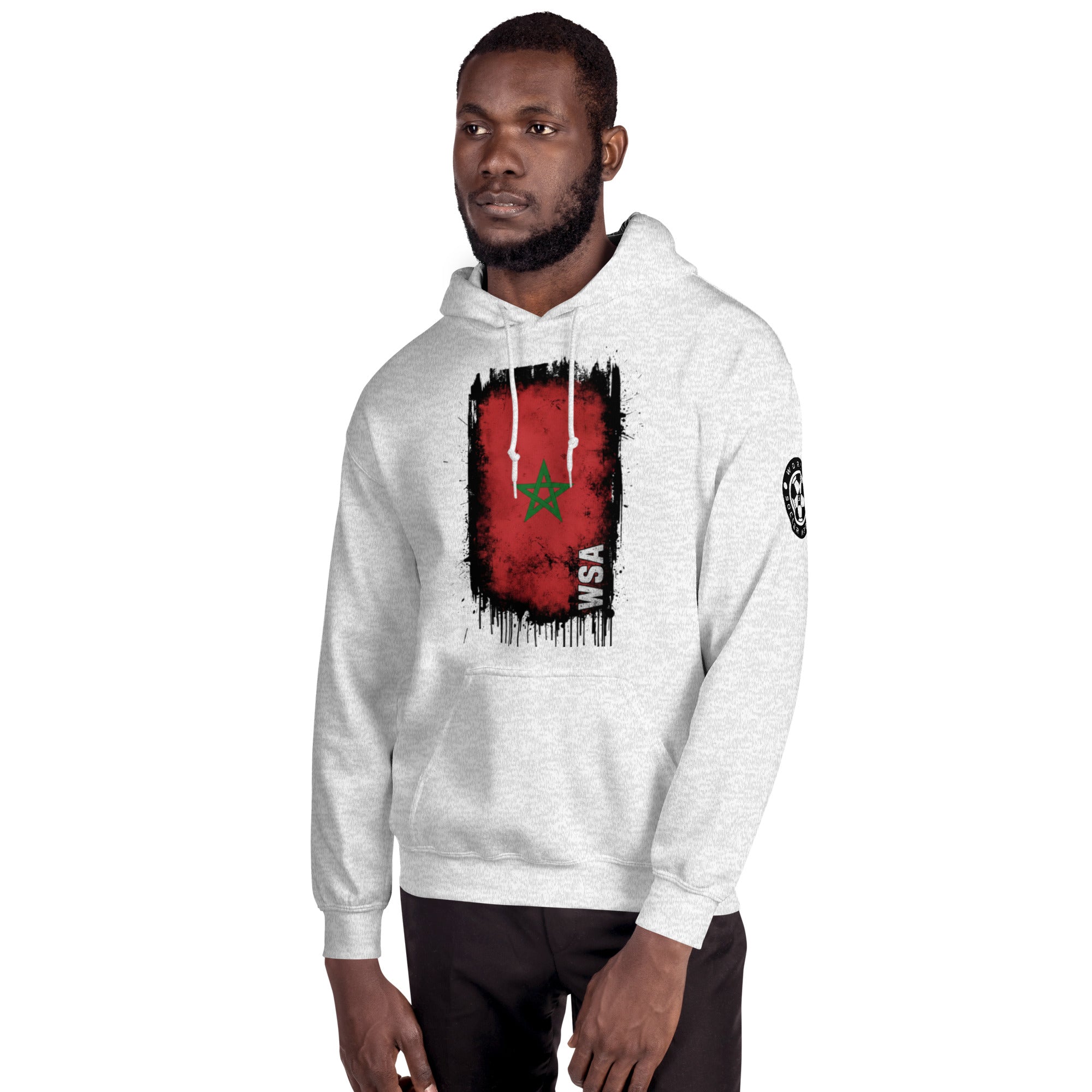 Man wearing a white hoodie with a flag design on a white background