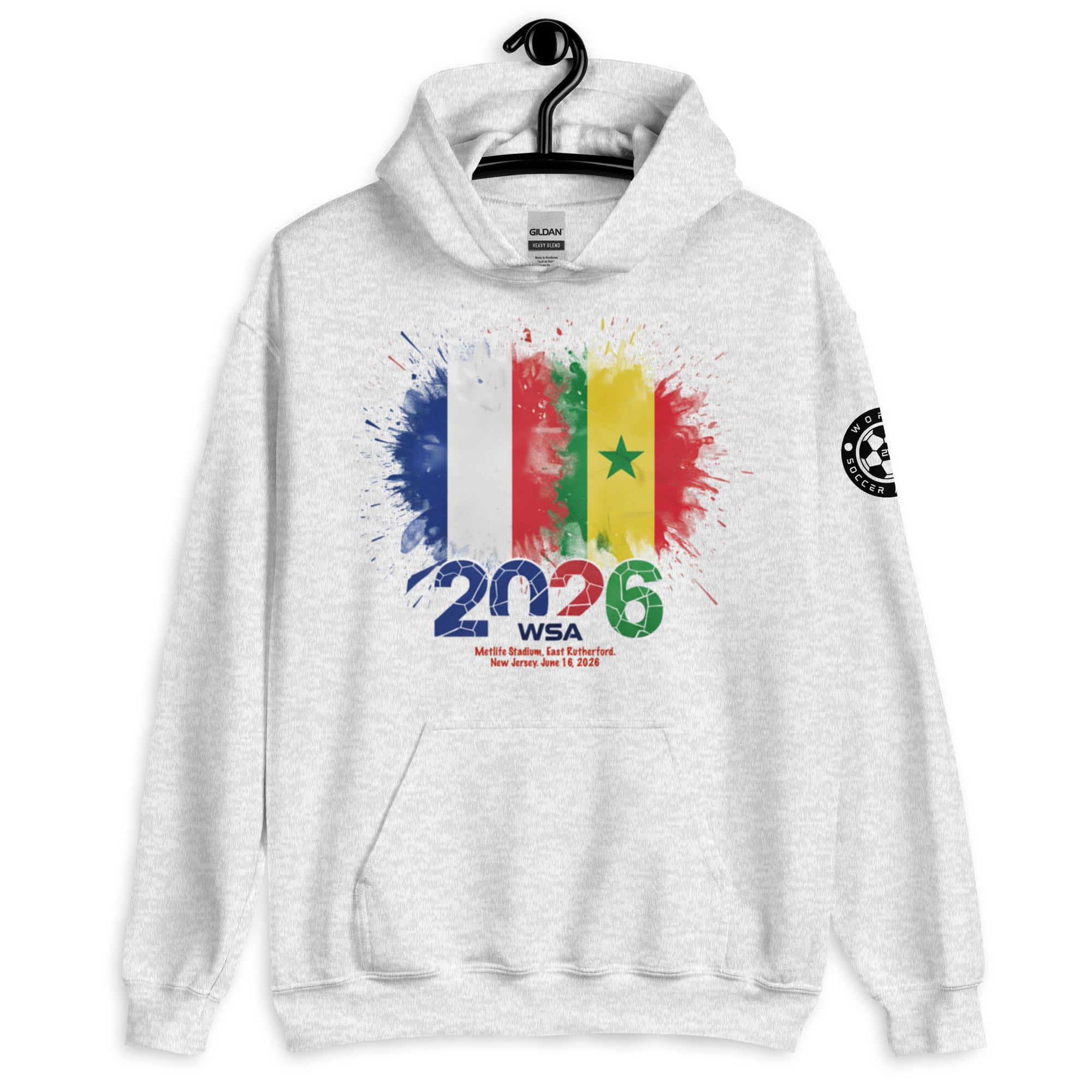 White hoodie with colorful design and text on a white background