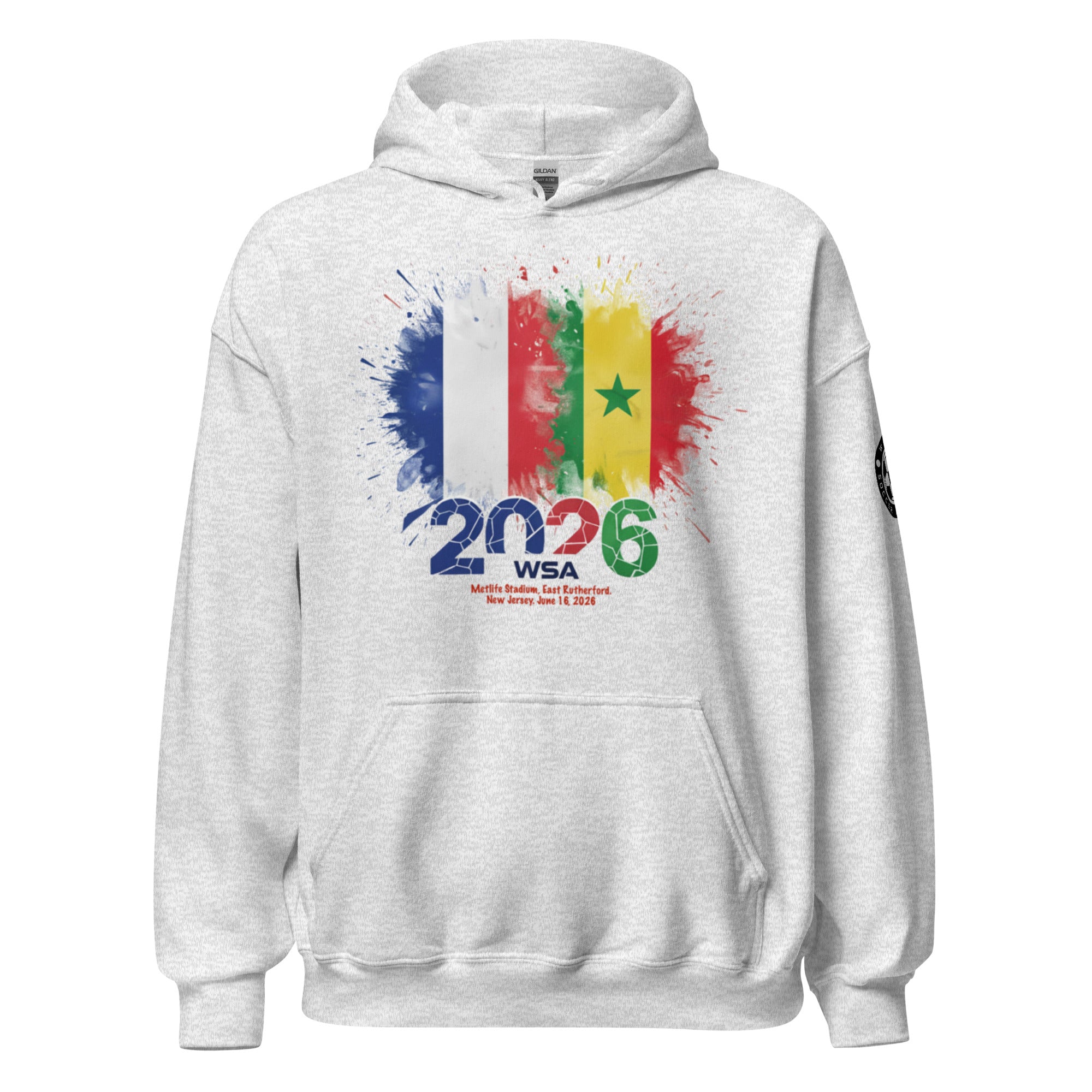 White hoodie with colorful design and text on a white background