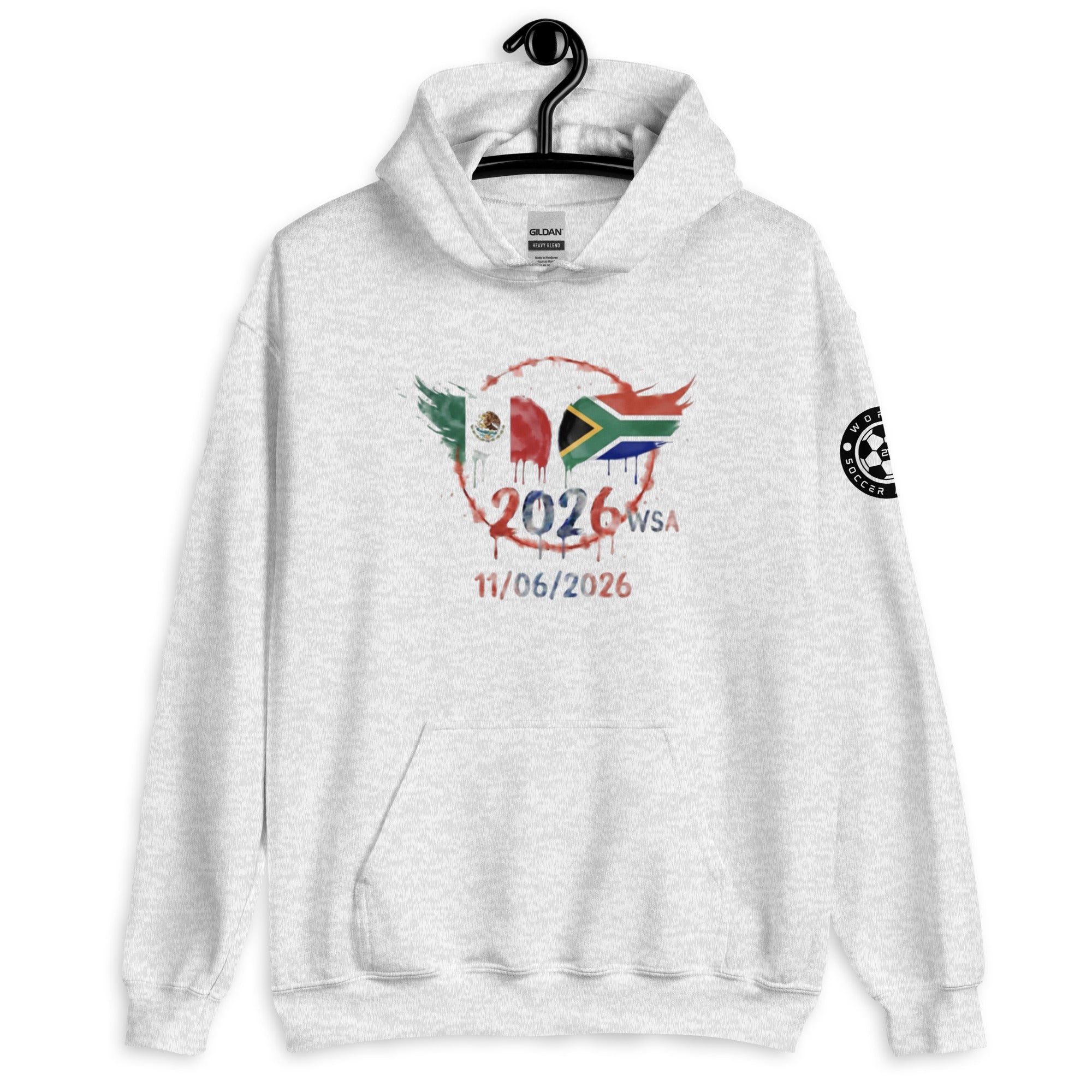 White hoodie with a design featuring flags and text on a white background