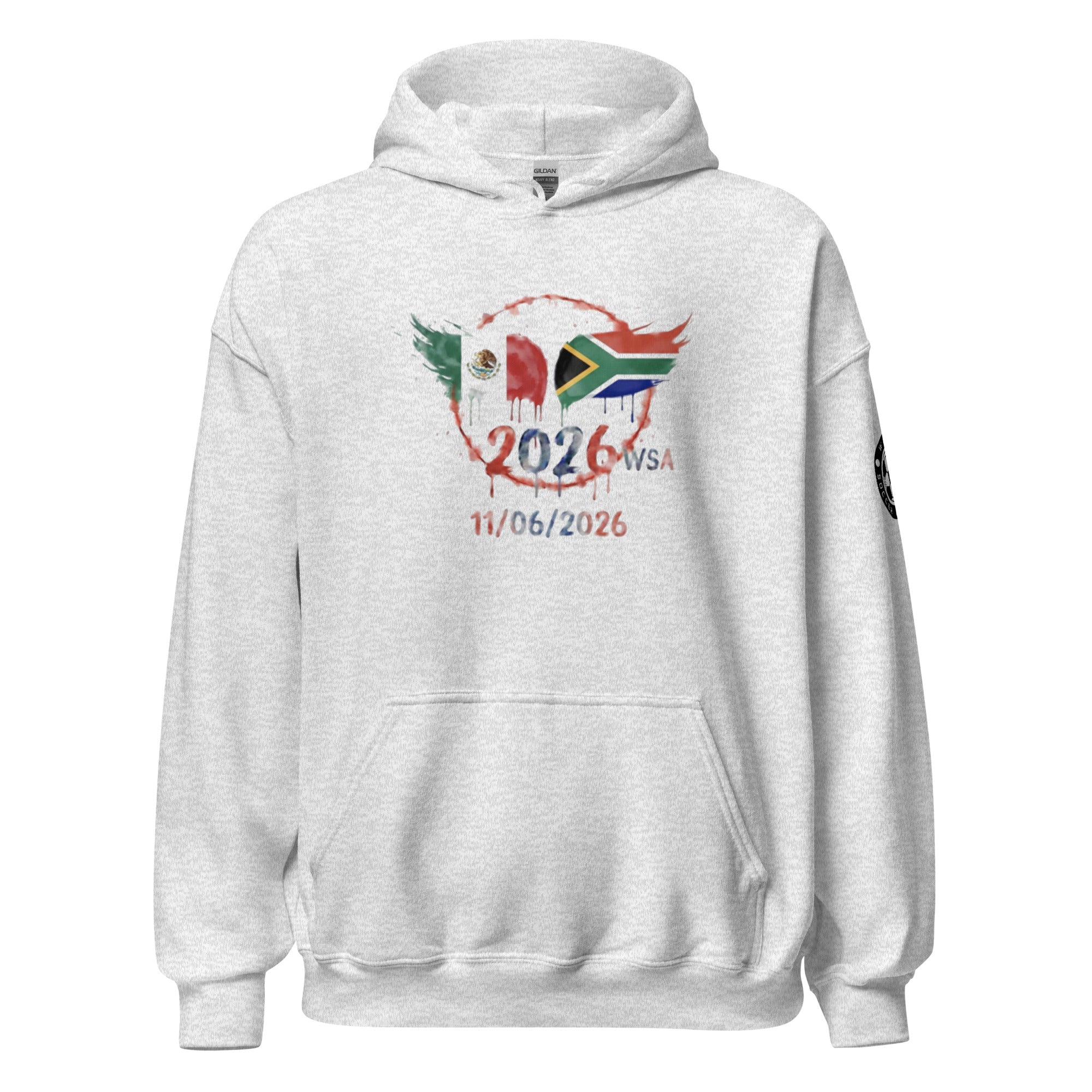 White hoodie with colorful graphic design on a white background