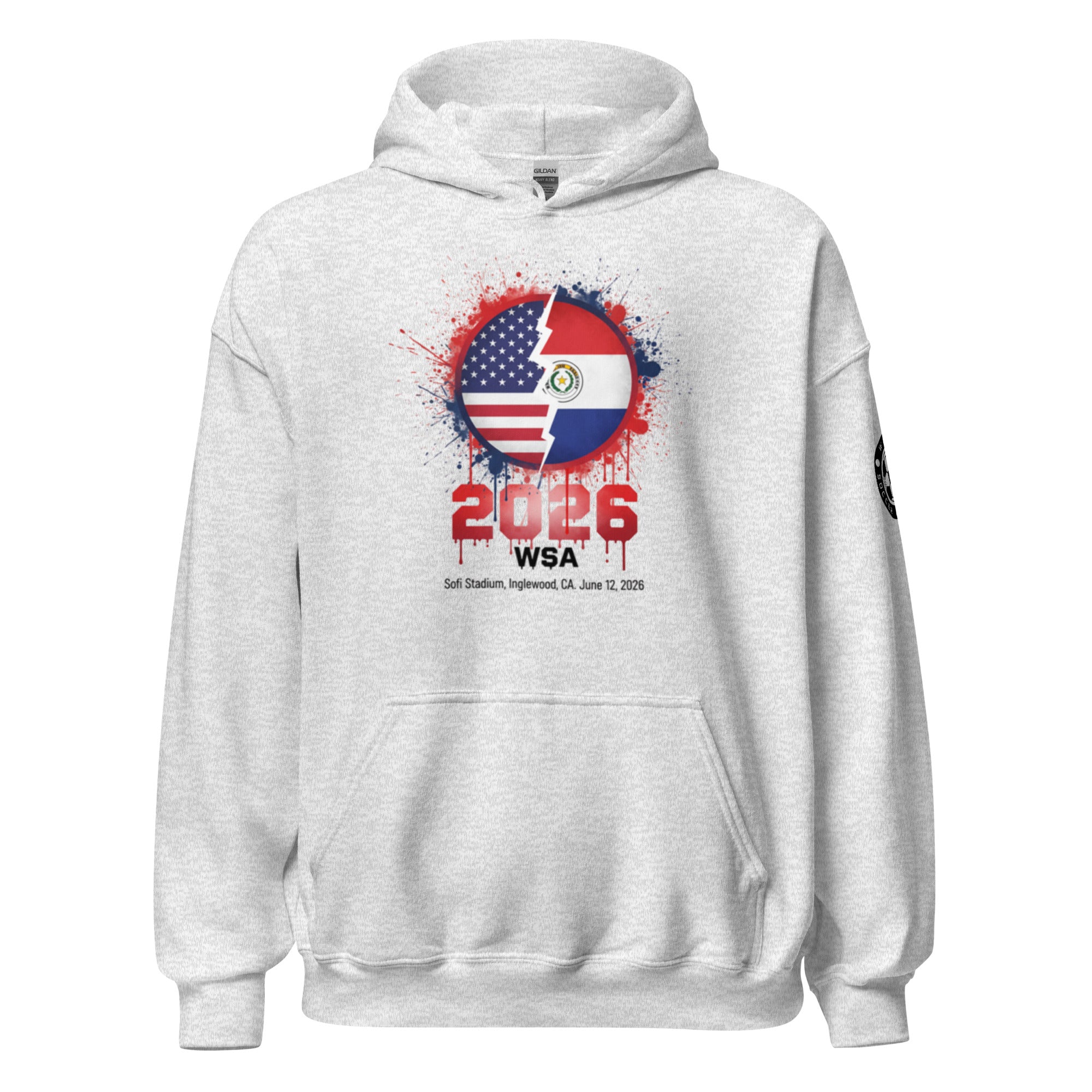 Gray hoodie with a colorful graphic design featuring the American and Paraguayan flags, text '2026 WSA', on a white background.