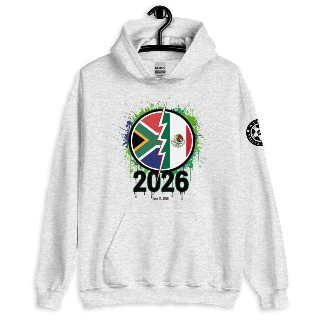 White hoodie with a colorful design featuring flags and '2026' text on a white background.