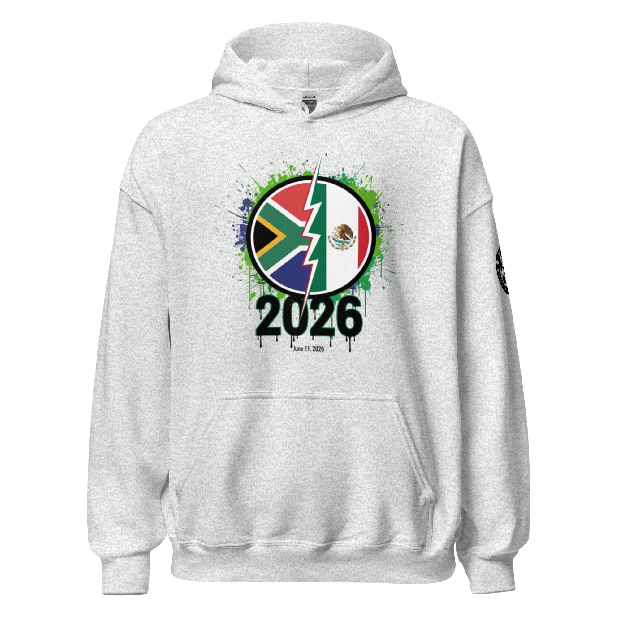 Gray hoodie with 2026 design featuring South Africa and Mexico flags on a white background