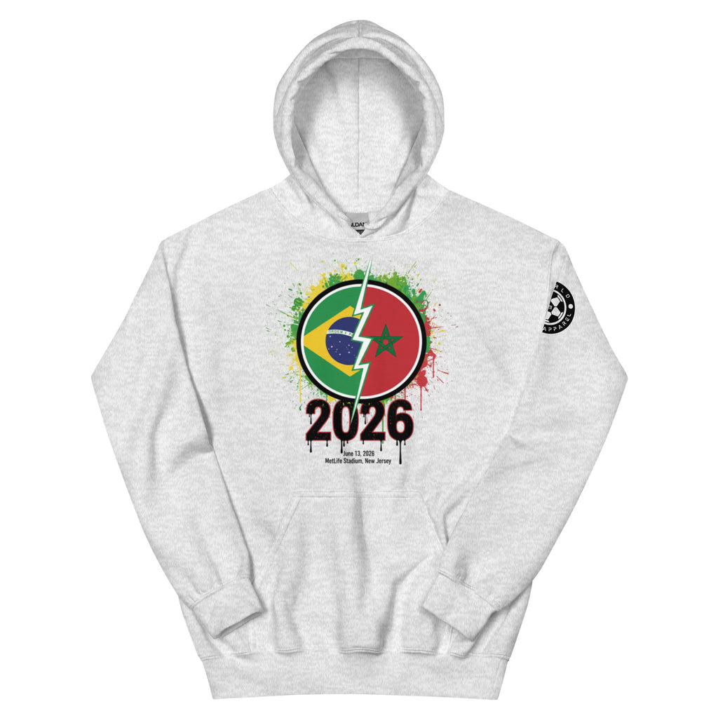 Gray hoodie with 2026 design featuring flags on a white background