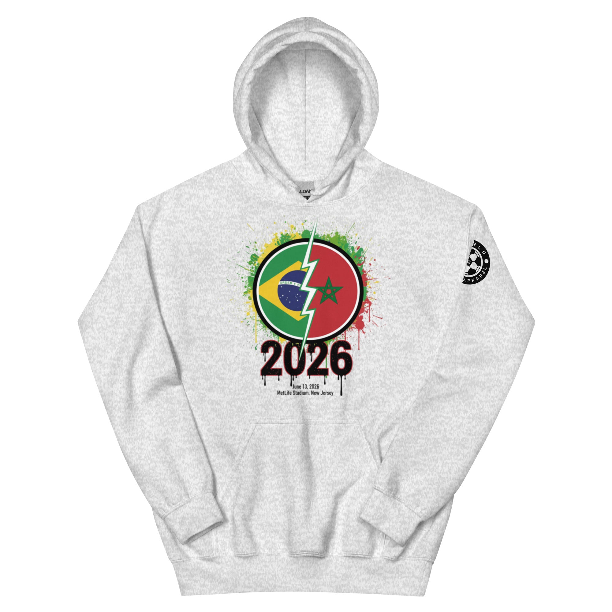 Gray hoodie with 2026 design featuring flags on a white background