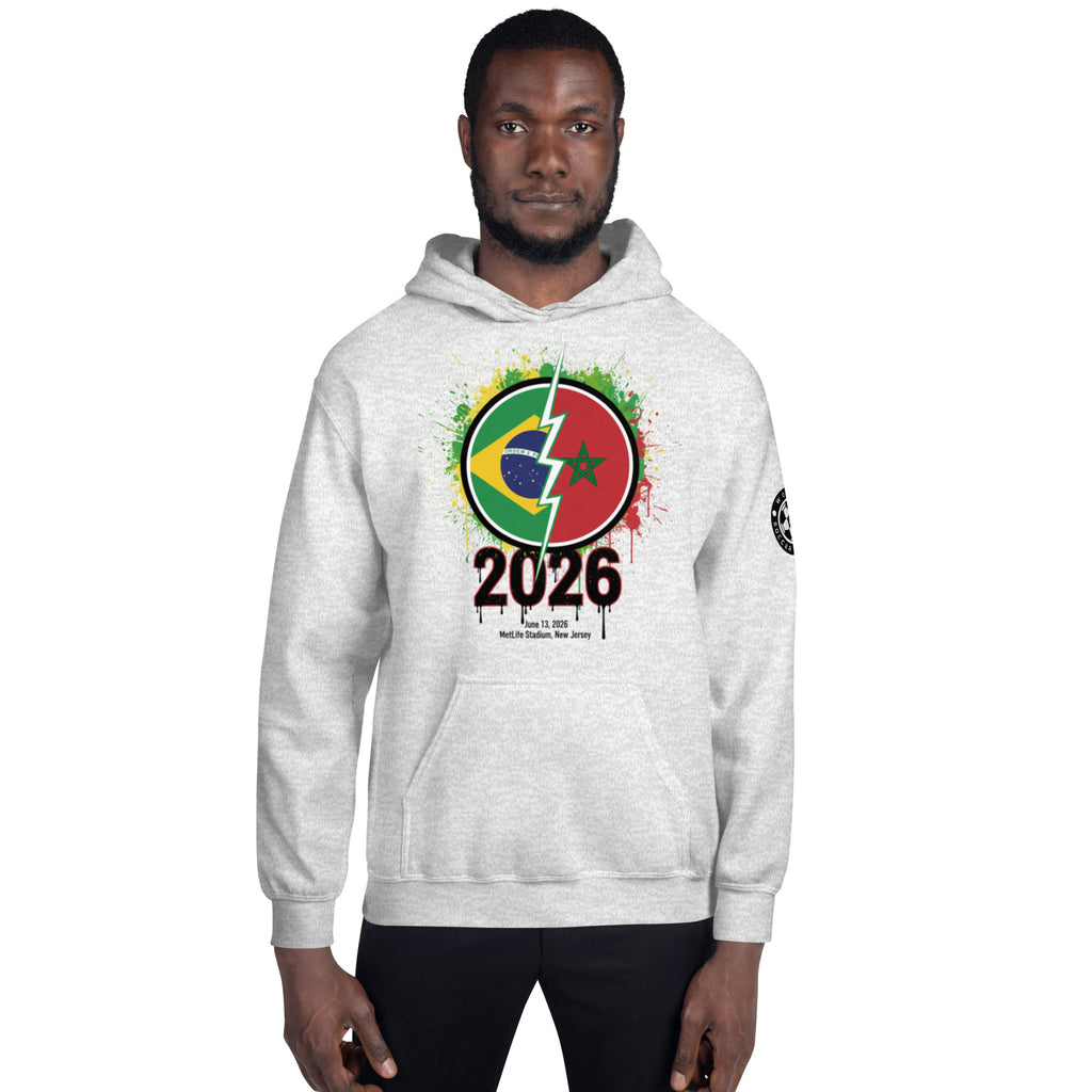 Person wearing a gray hoodie with a colorful design and '2026' text on a white background