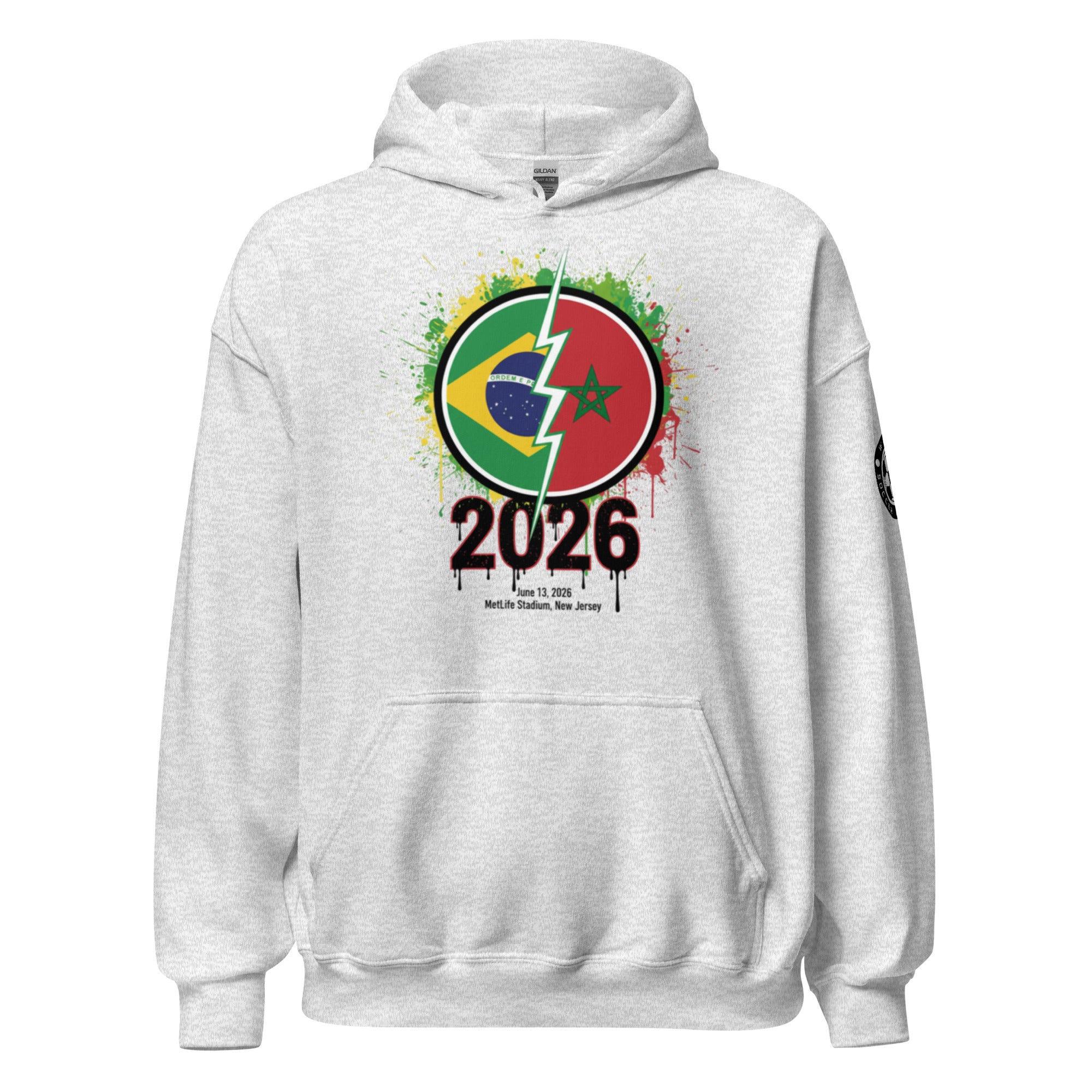 White hoodie with a colorful graphic design featuring numbers '2026' and two flags on a white background.