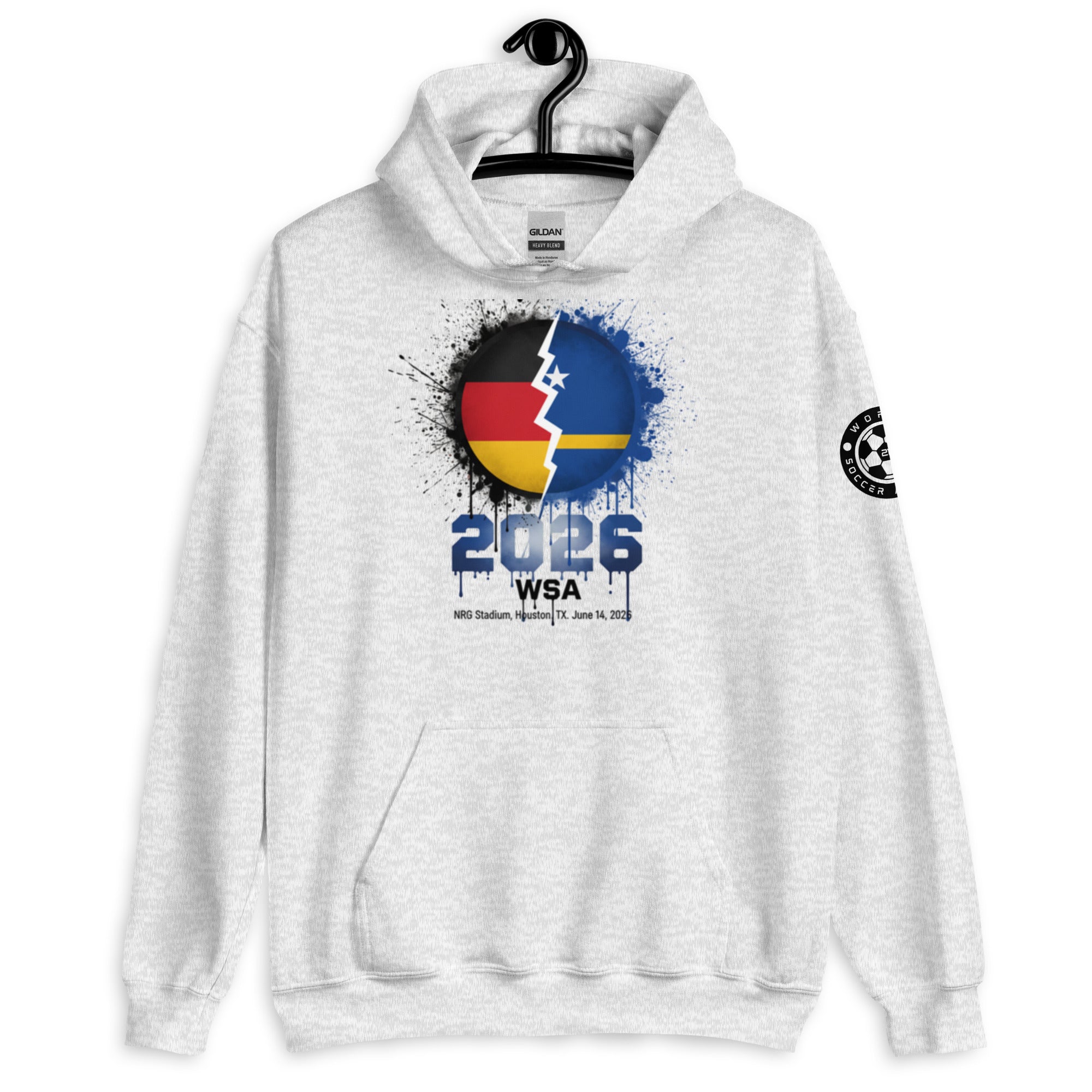 White hoodie with a design of two flags and '2026 WSA' text on a white background