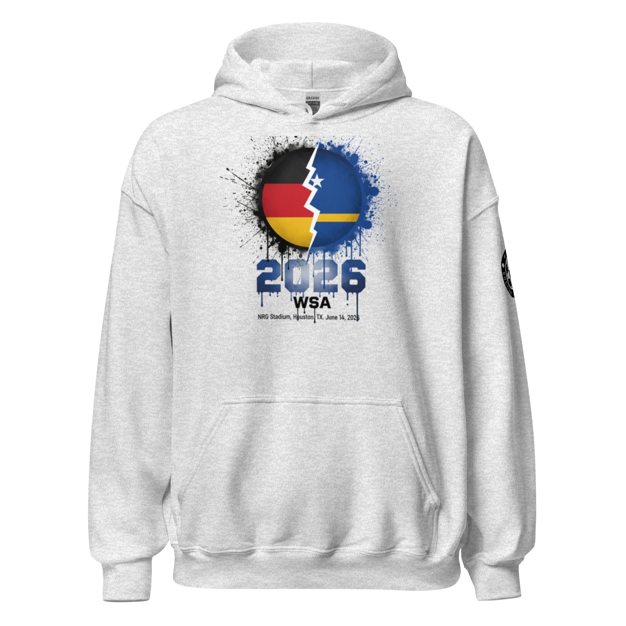 White hoodie with a colorful design featuring numbers and letters on a white background