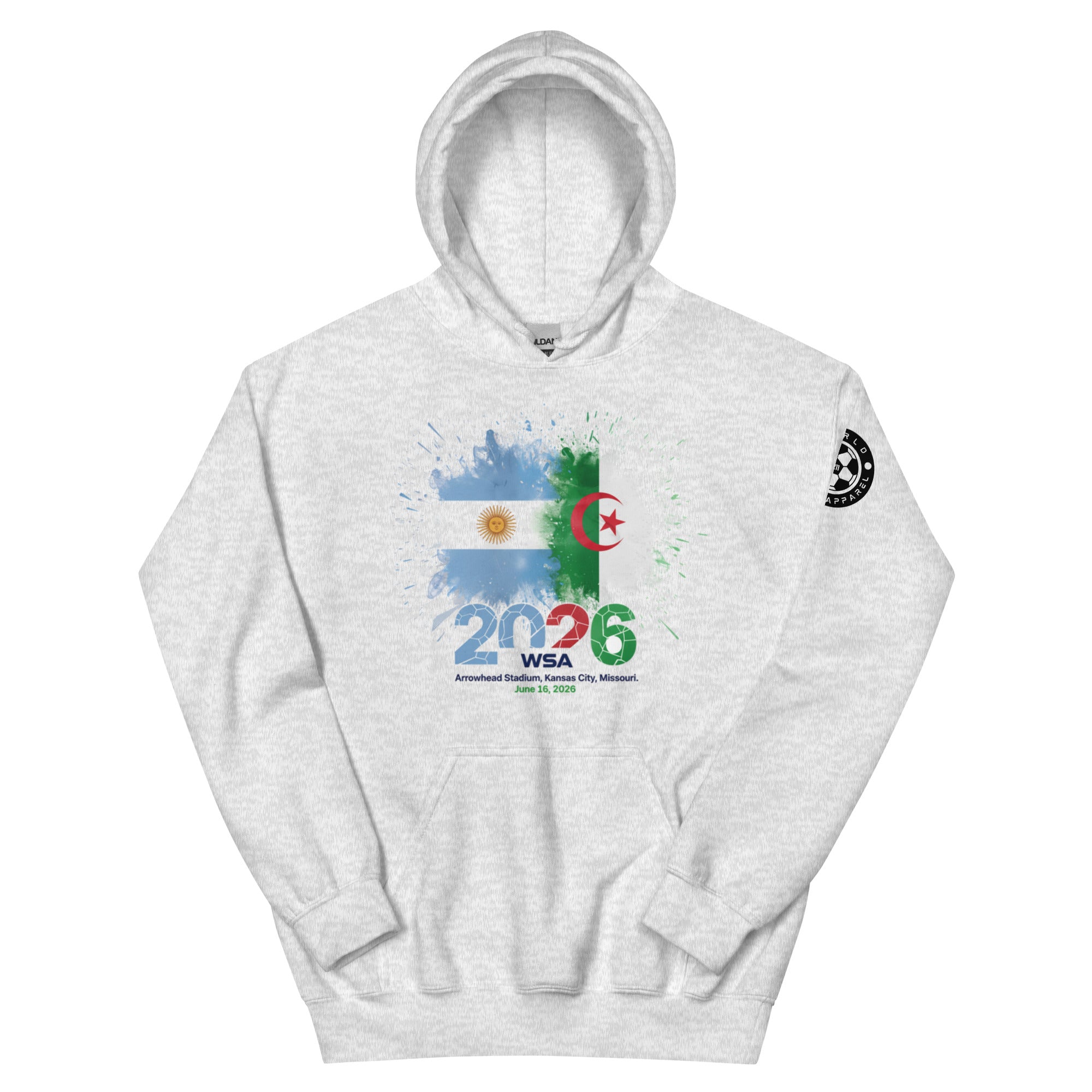 Gray hoodie with 2026 WSA logo featuring Argentina and Algeria flags on a white background