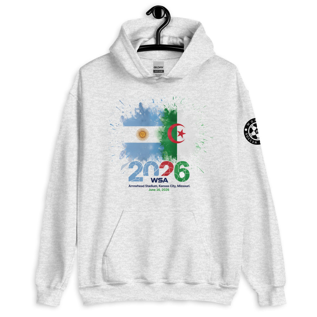 White hoodie with colorful design and text on a white background