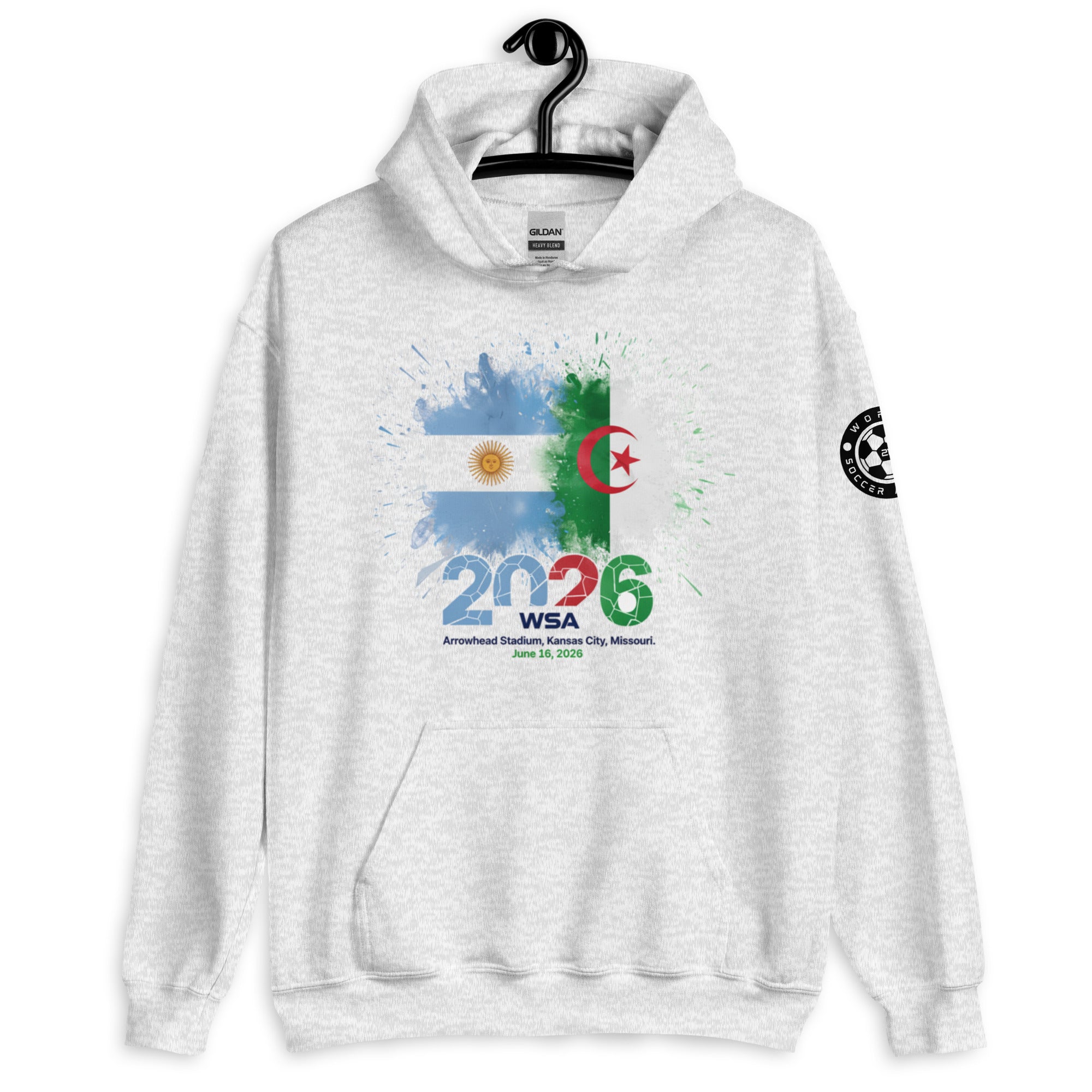 White hoodie with colorful design and text on a white background