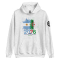 White hoodie with colorful design featuring flags and text on a white background