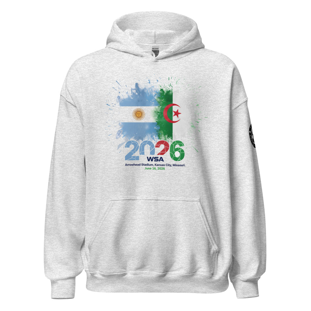 White hoodie with colorful design and text on a white background